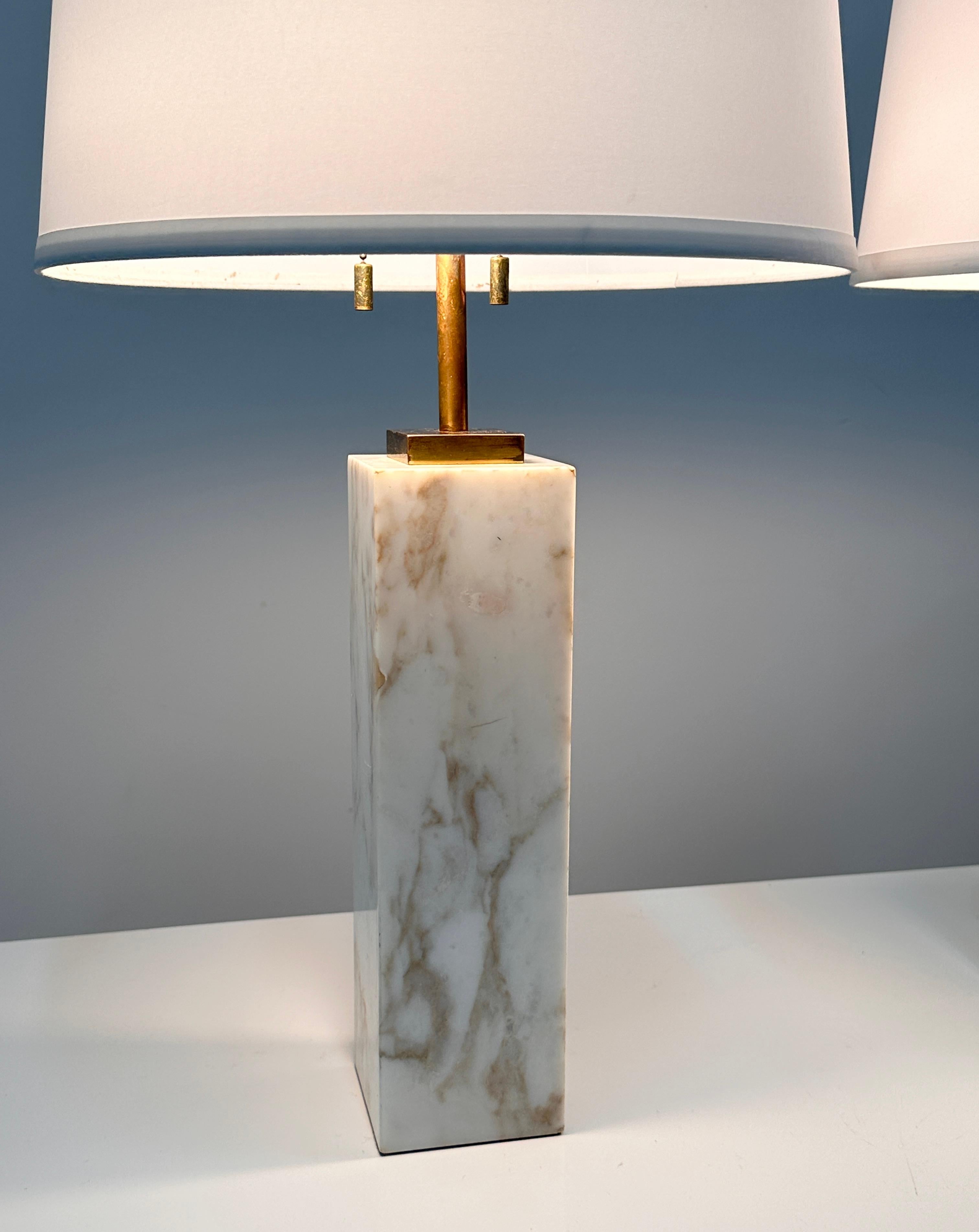 Pair Marble & Brass Table Lamps by TH Robsjohn Gibbings for Hansen New York For Sale 1