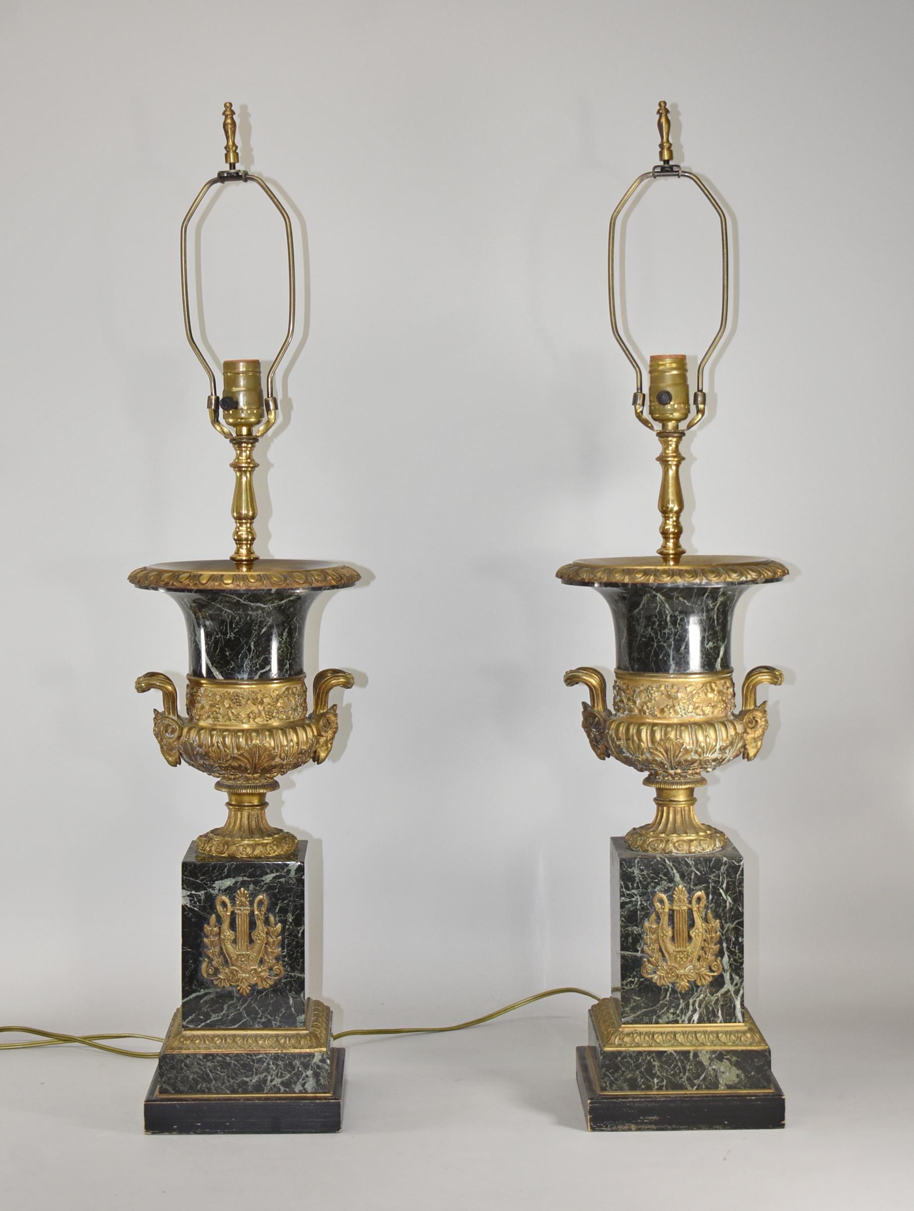 Pair of Marble and Bronze French Empire Style Urn Table Lamps Ram Head 1