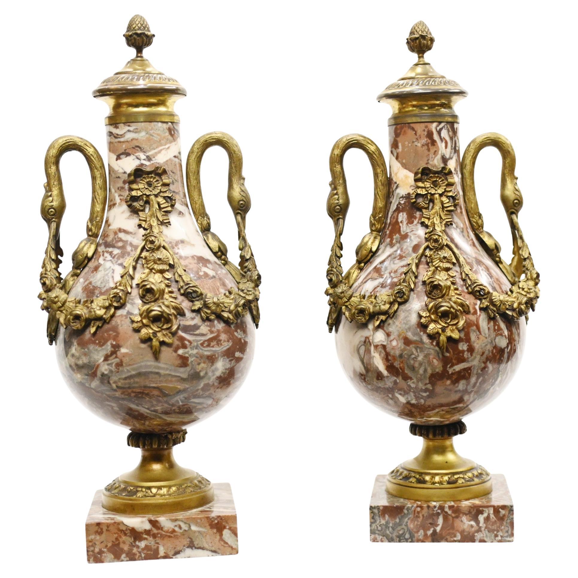 Pareja de Urnas Cassolette de Mármol Jarrones Decorativos Imperio Francés 1890
