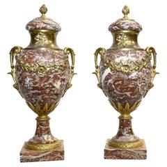 Pair Marble Cassolettes Antique French Marble Urns, 1890