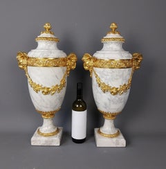 Pair Marble Cassolettes Antique Carrera Urns