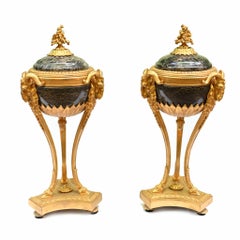 Pair Marble Cassolettes Stands Marble Vases Gilt Rams Heads 1880