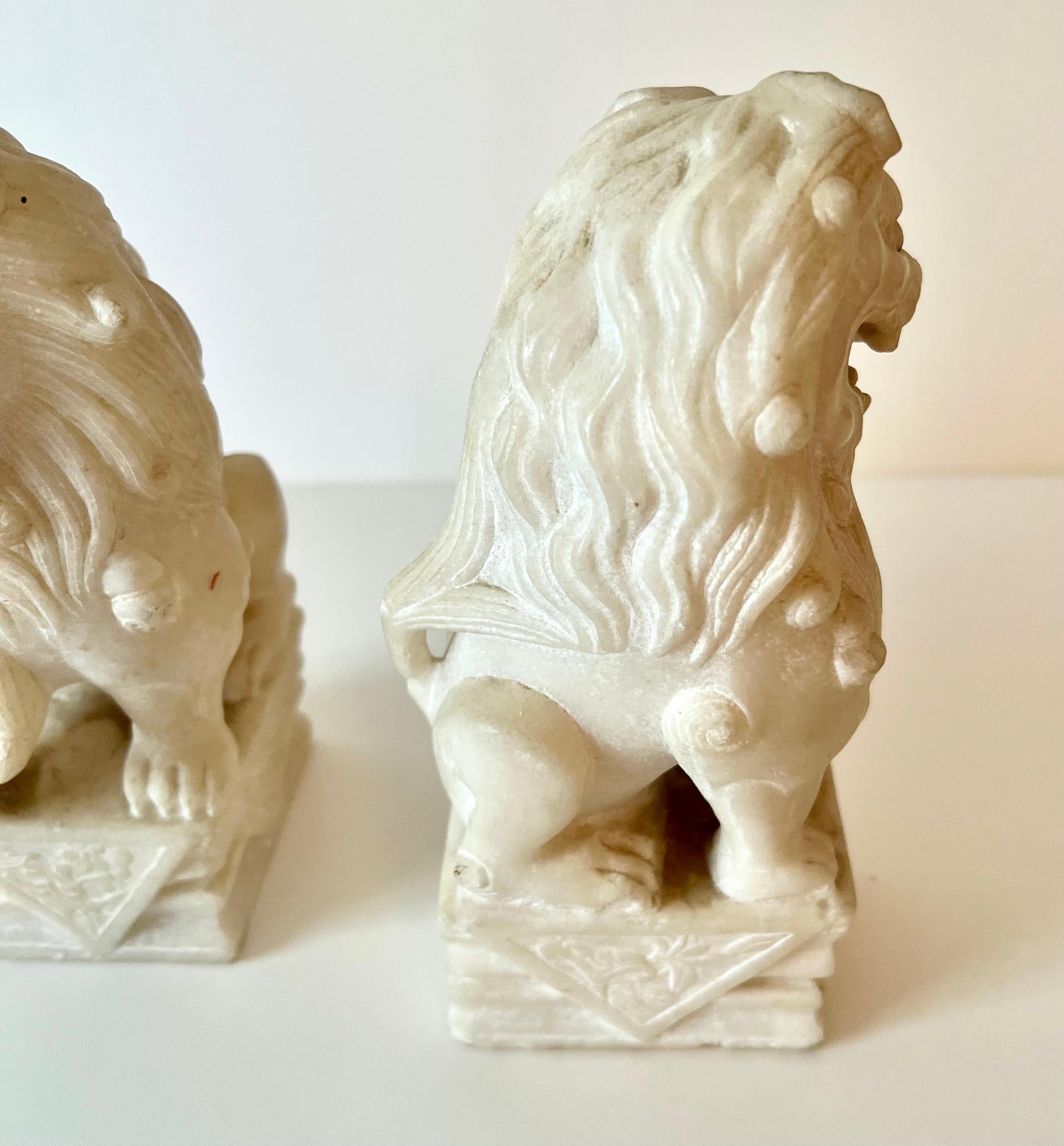 Hand-Carved Pair Marble Foo Dogs For Sale