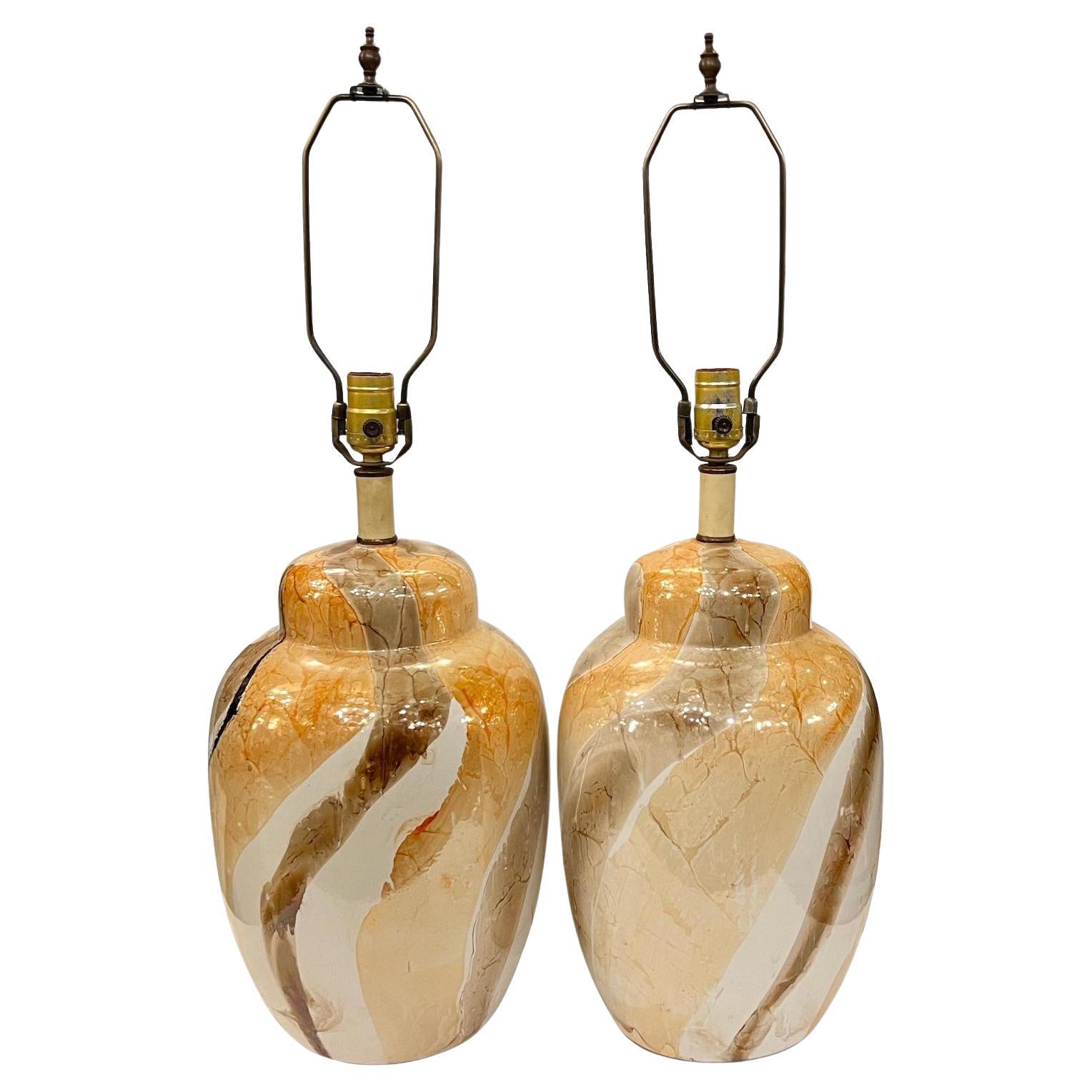 Pair "Marble" Glazed Porcelain Table Lamps