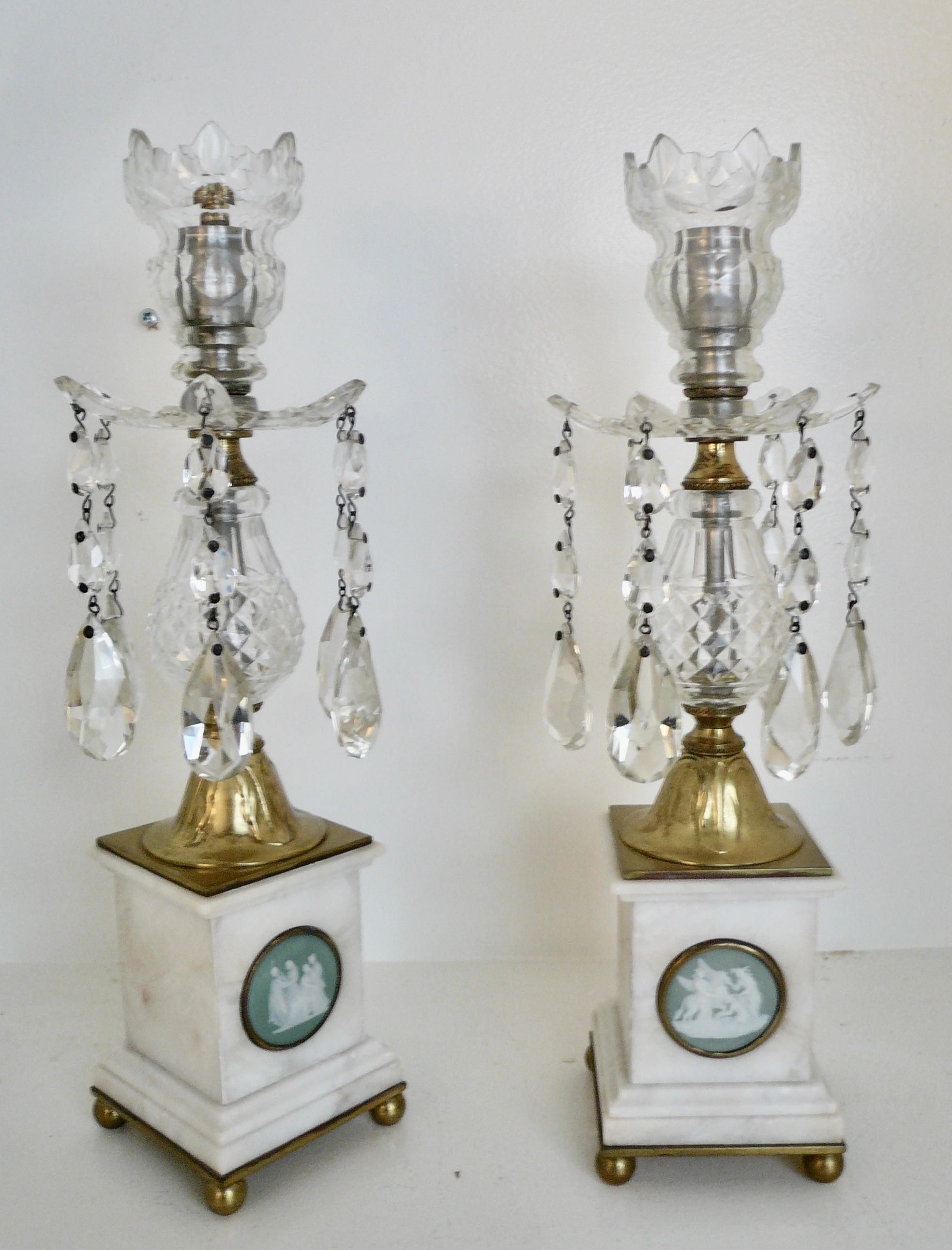Pair Marble, Jasper Ware and Crystal Lustres, or Candlesticks For Sale 3