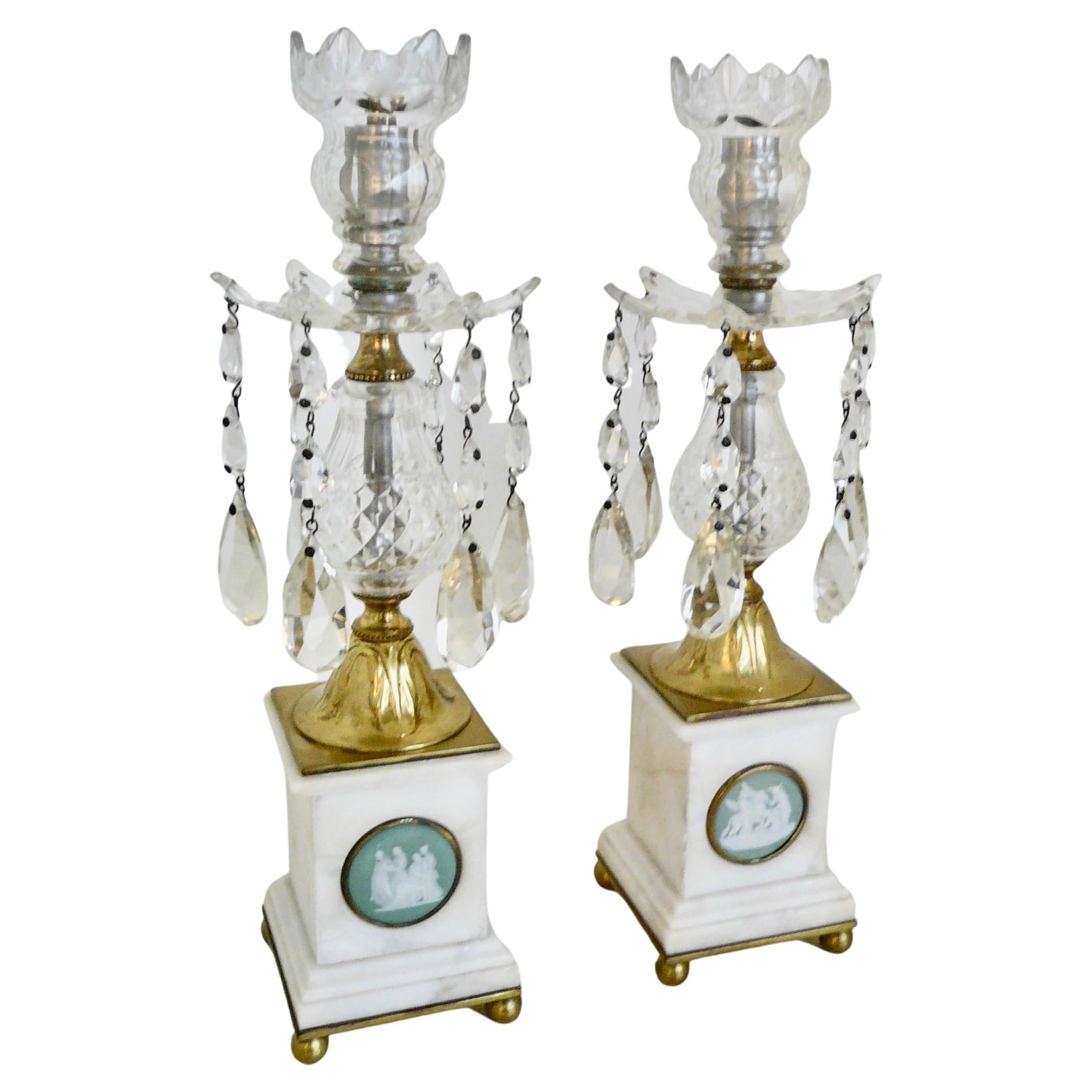 Pair Marble, Jasper Ware and Crystal Lustres, or Candlesticks For Sale