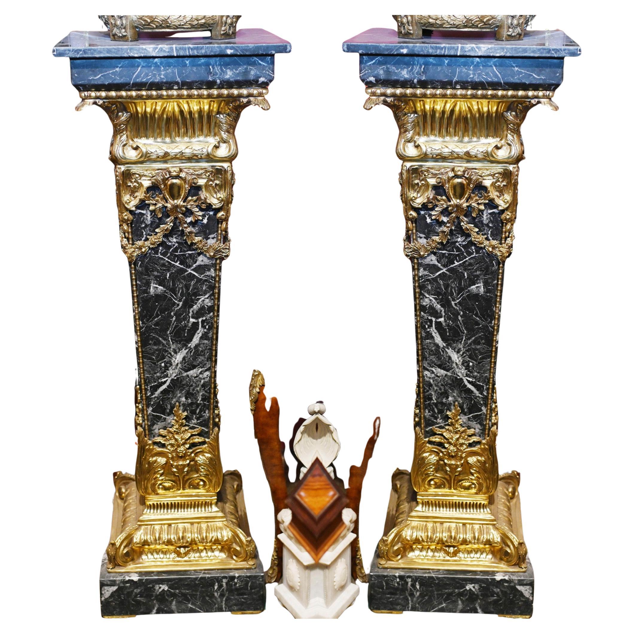 Pair Marble Pedestal Stands - French Empire Table Column Supports