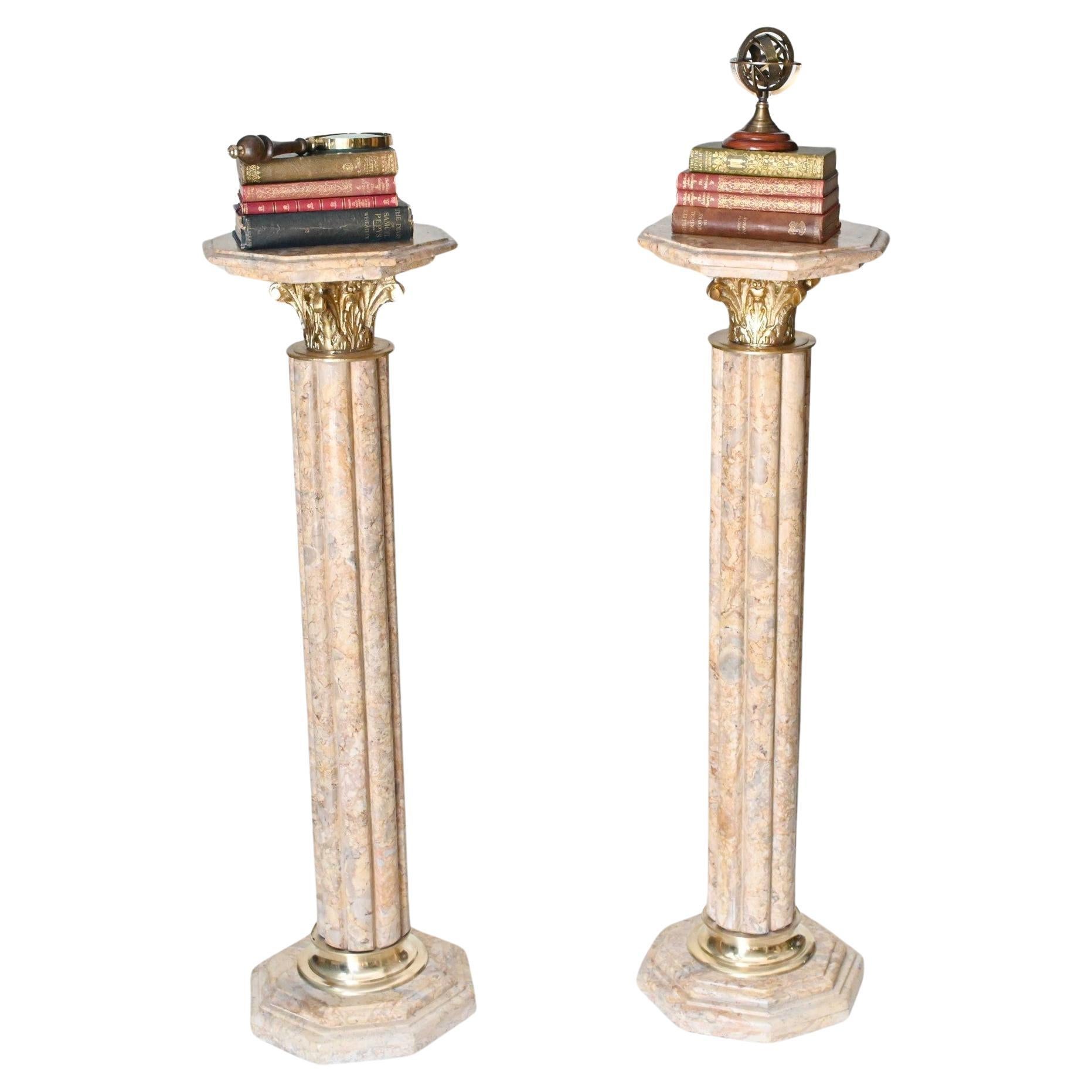 Pair Marble Pedestal Urns Classical French Column Tables For Sale