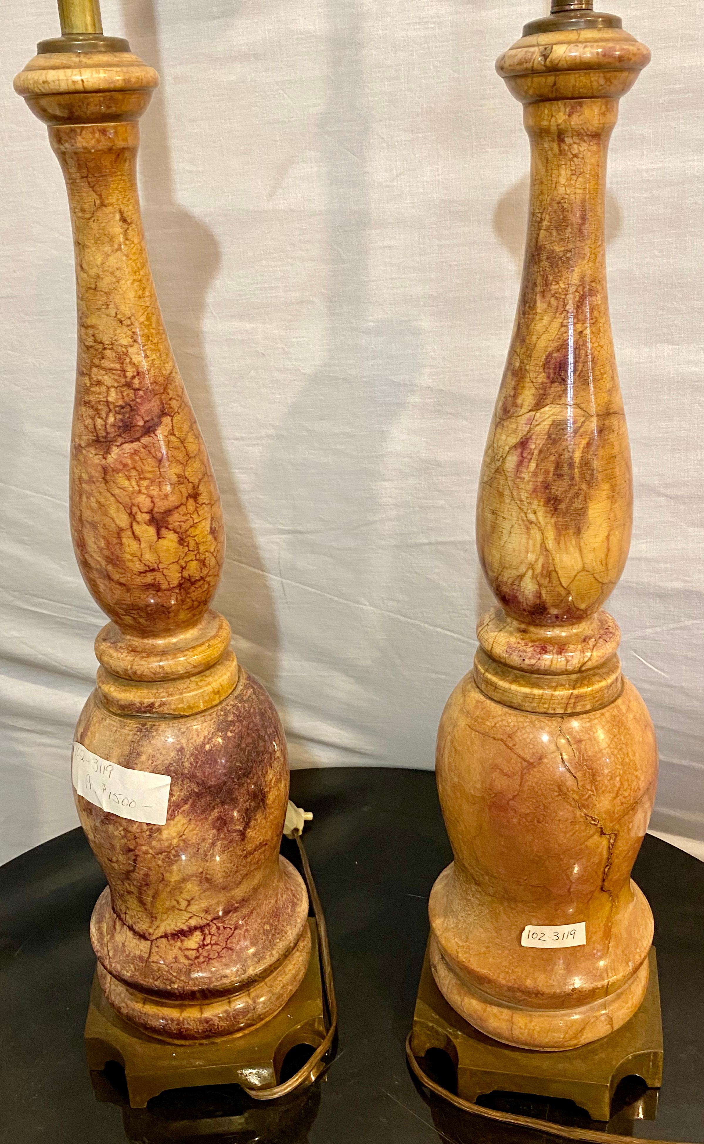 Pair of Marble Table Lamps Hollywood Regency Style with Original Shades 5