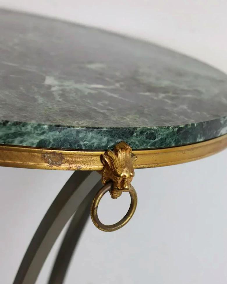 French Pair of Marble-Top Bronze and Steel Gueridon Tables in Style of Maison Janssen