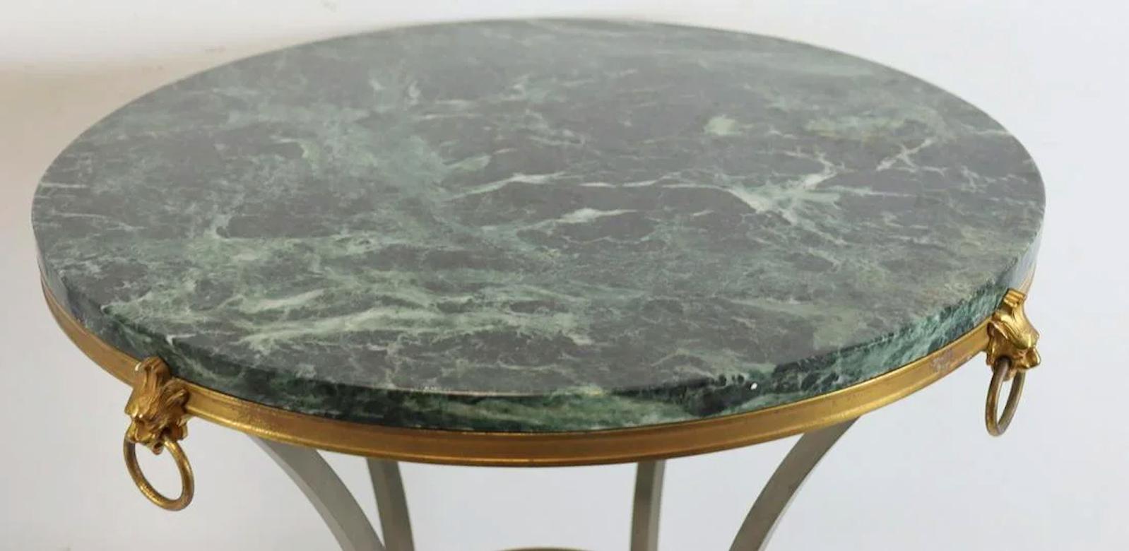 Cast Pair of Marble-Top Bronze and Steel Gueridon Tables in Style of Maison Janssen