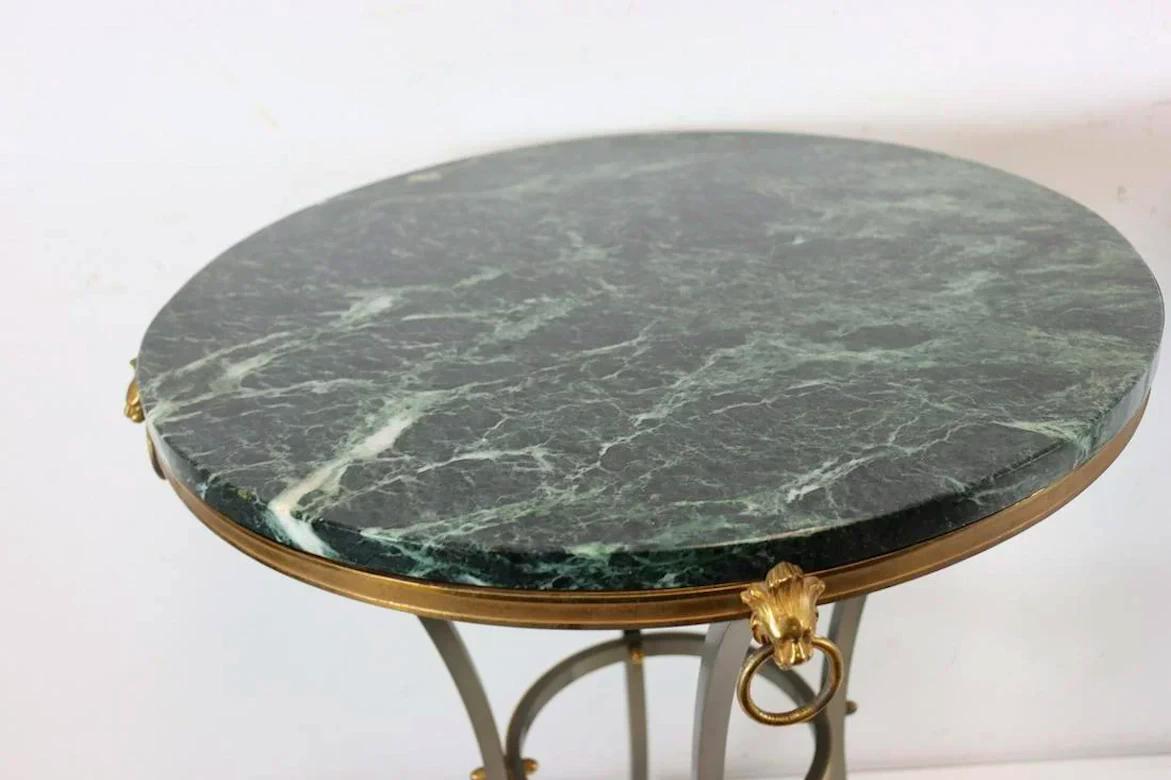 Pair of Marble-Top Bronze and Steel Gueridon Tables in Style of Maison Janssen In Fair Condition In New York, NY