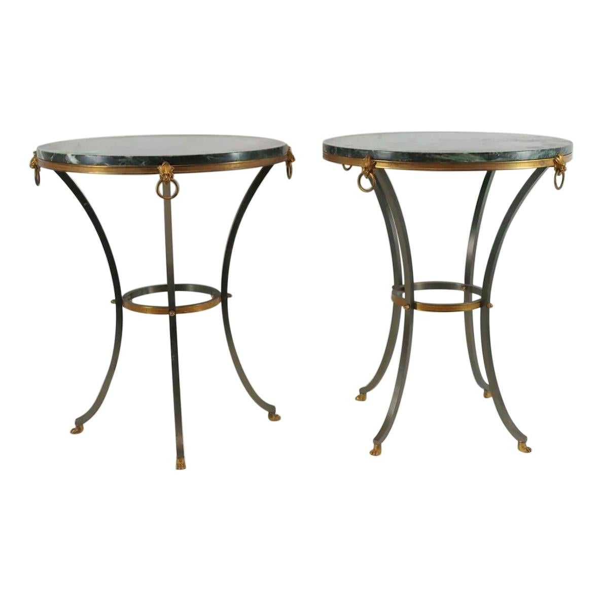 Pair of Marble-Top Bronze and Steel Gueridon Tables in Style of Maison Janssen