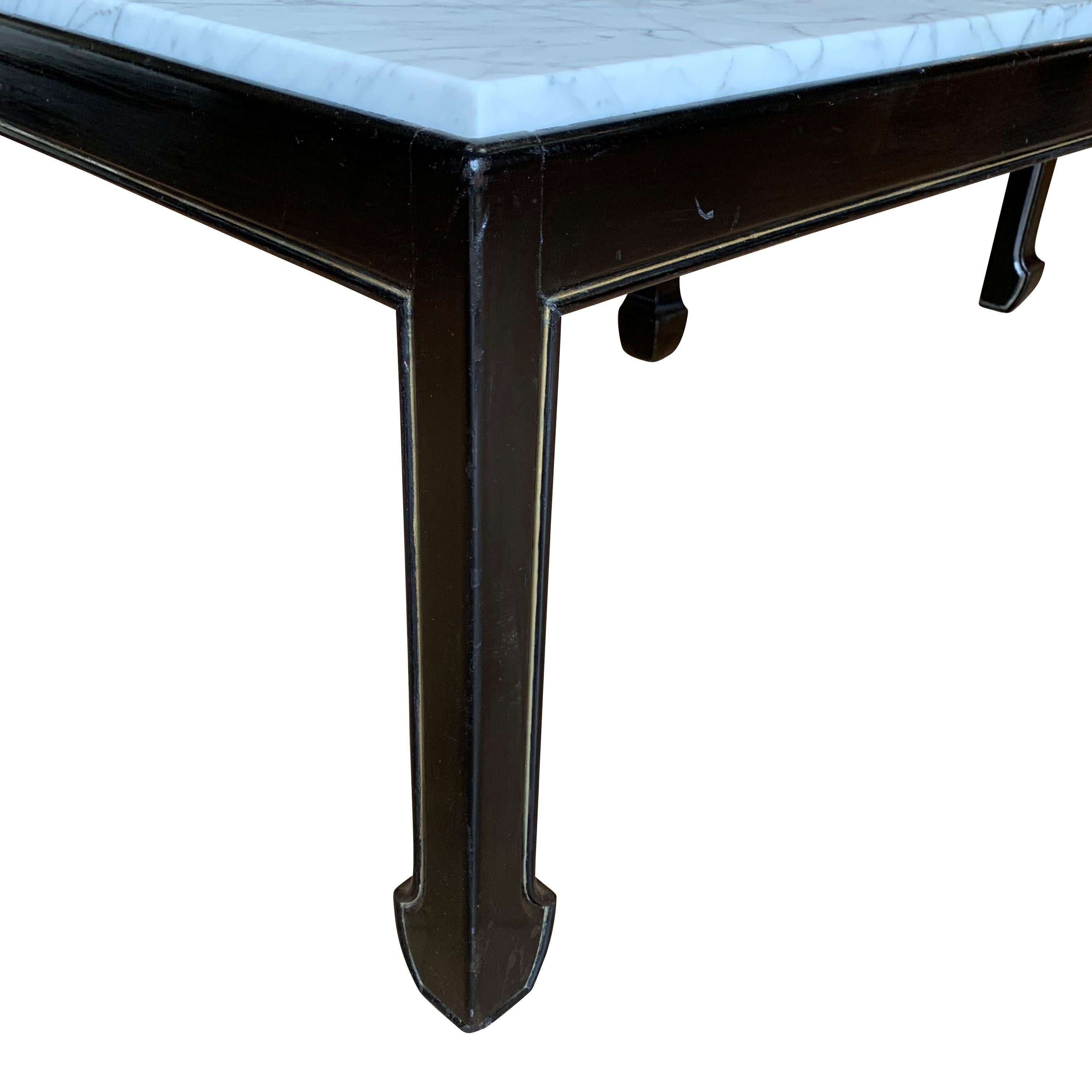 French White Marble-Top, Ebonized Base Pair of Coffee Tables, France, Midcentury For Sale