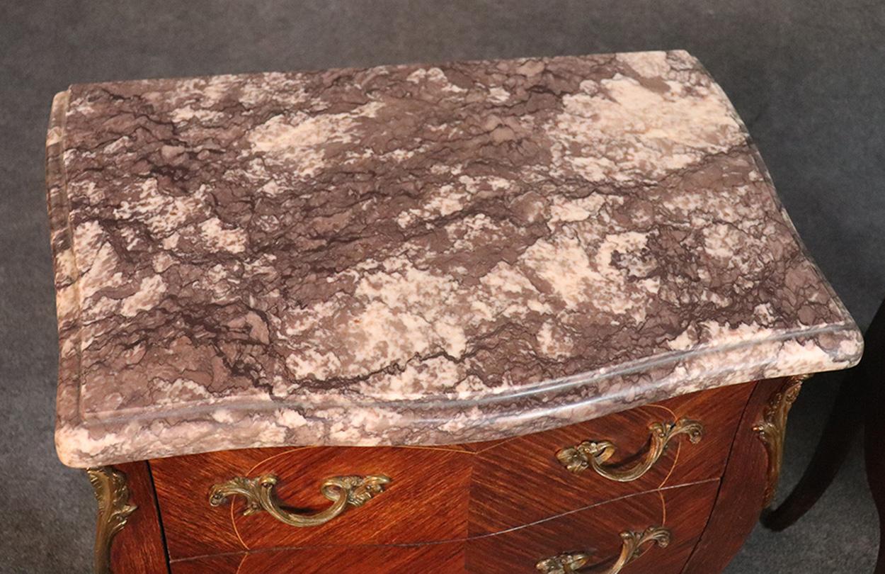 Pair of Marble-Top French Louis XV Inlaid Walnut Nightstands Tables, circa 1930 6