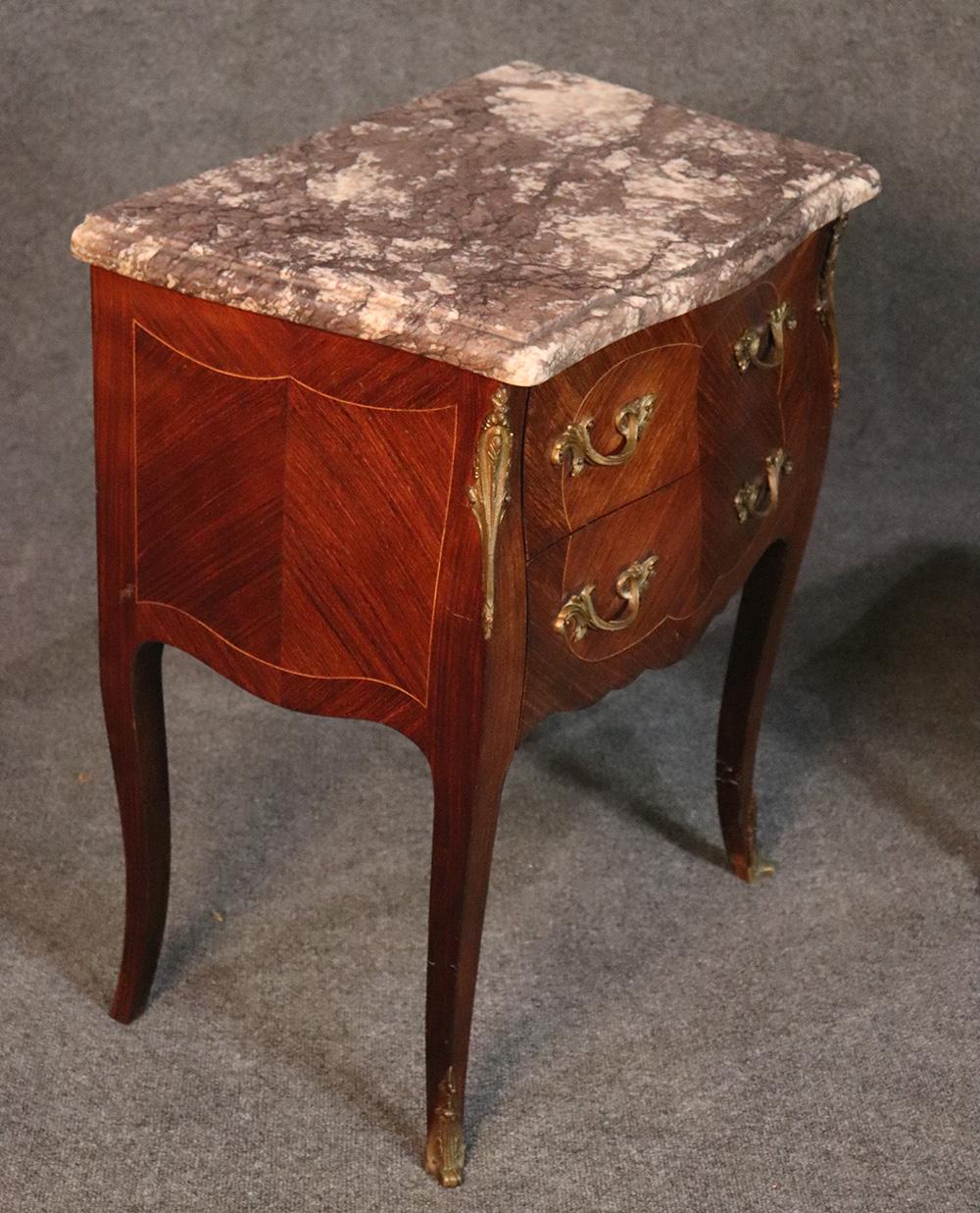 Pair of Marble-Top French Louis XV Inlaid Walnut Nightstands Tables, circa 1930 1