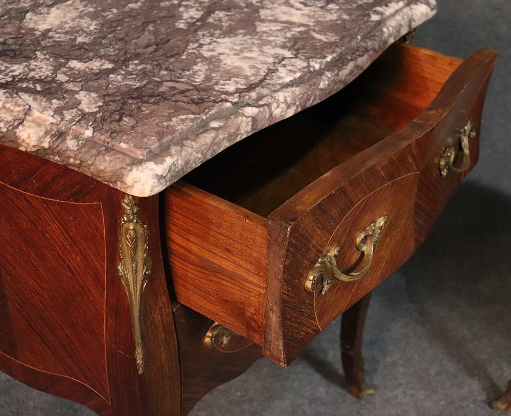 Pair of Marble-Top French Louis XV Inlaid Walnut Nightstands Tables, circa 1930 4