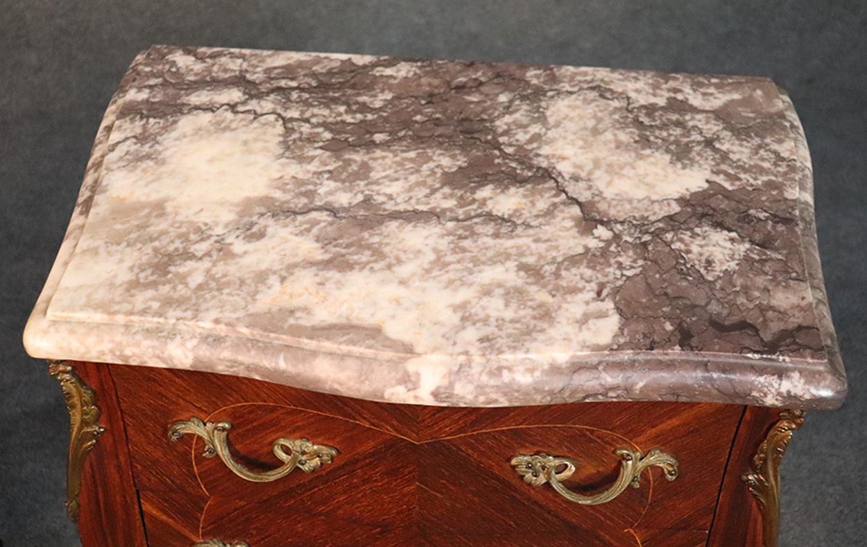 Pair of Marble-Top French Louis XV Inlaid Walnut Nightstands Tables, circa 1930 5