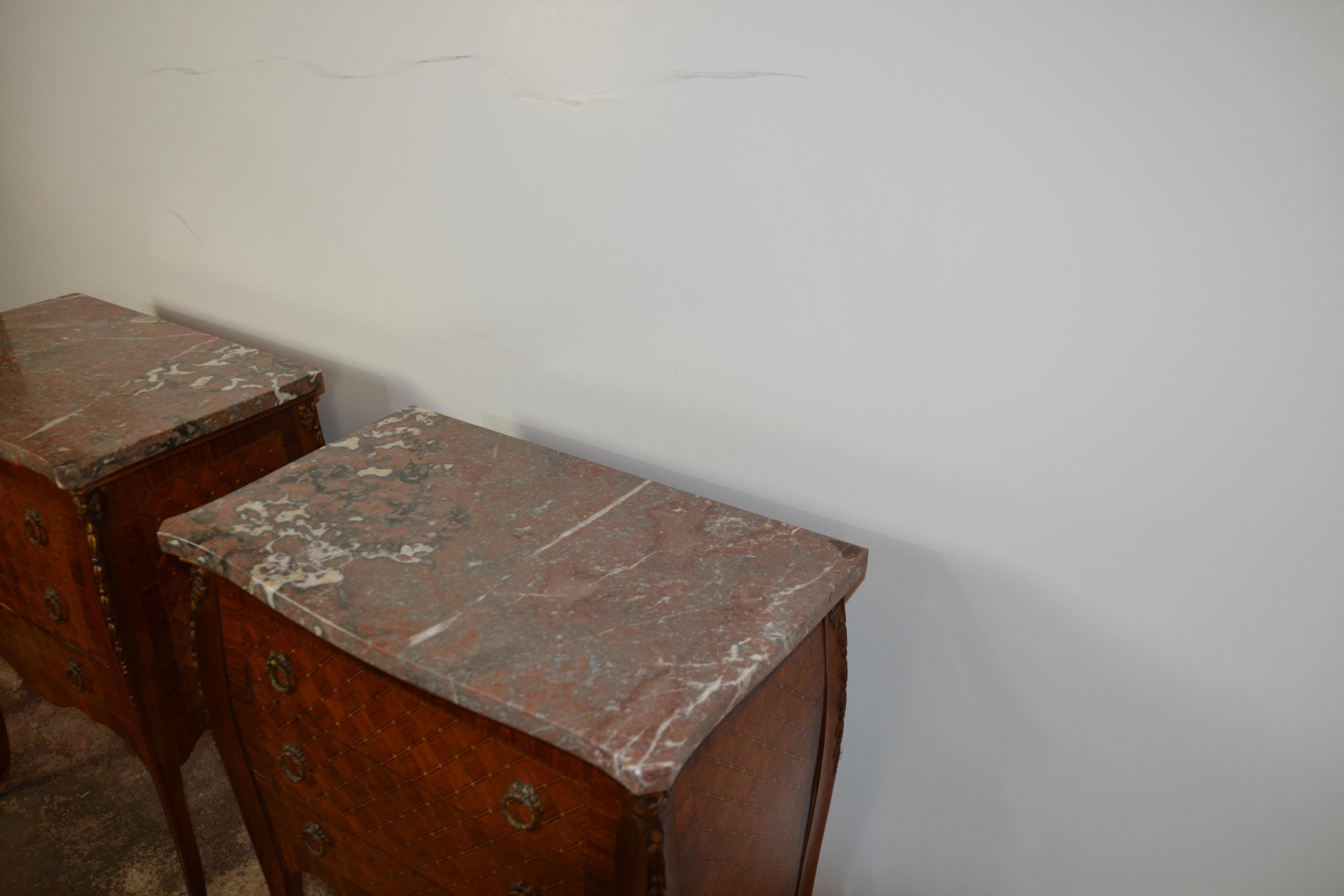 French Pair Marble top Louis XV Nightstands / Chests of Drawers