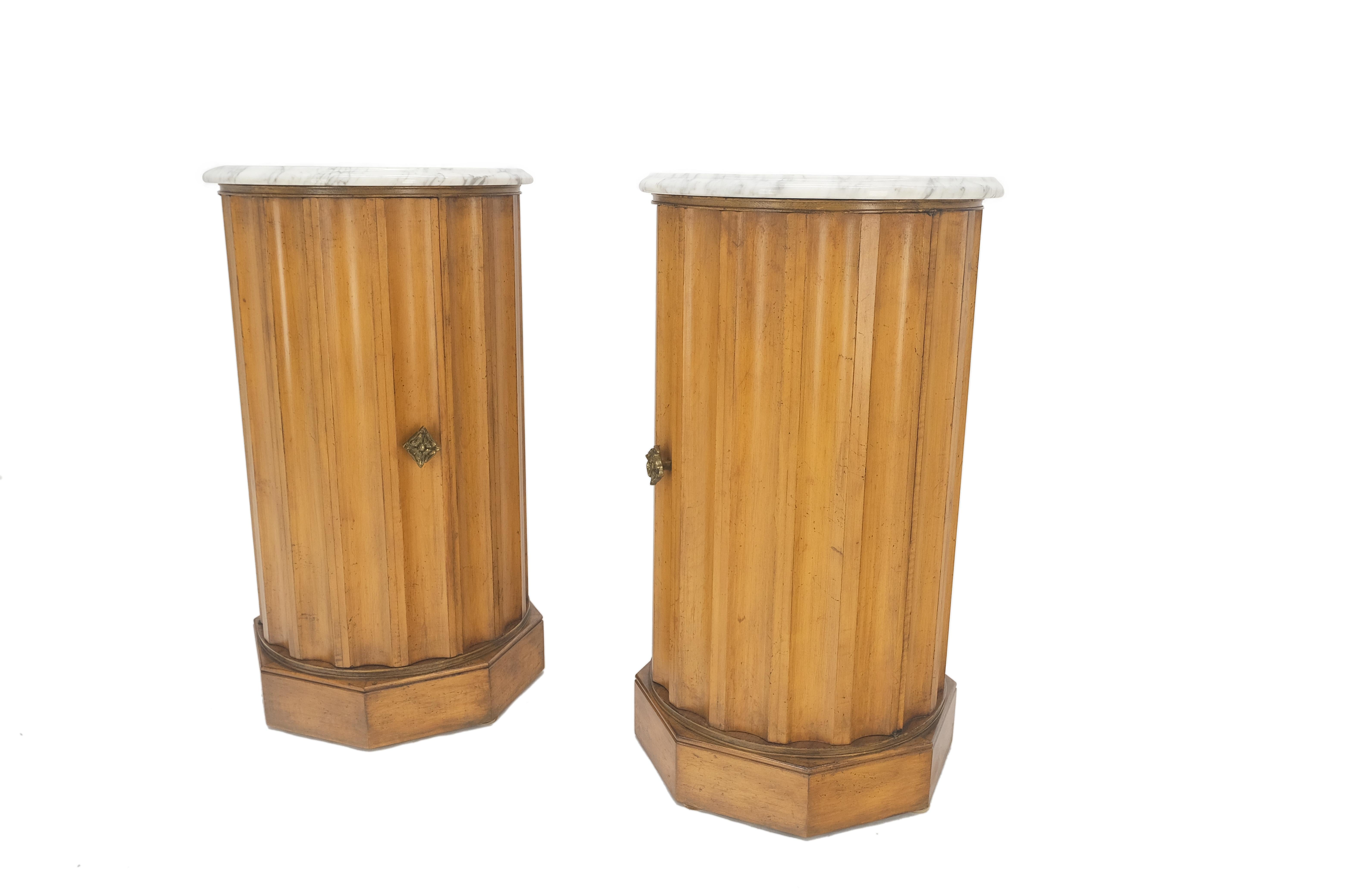 Pair Marble Top Round Scallop Shape Cylinders Pedestals Cabinets w/ Shelf MINT! For Sale 5