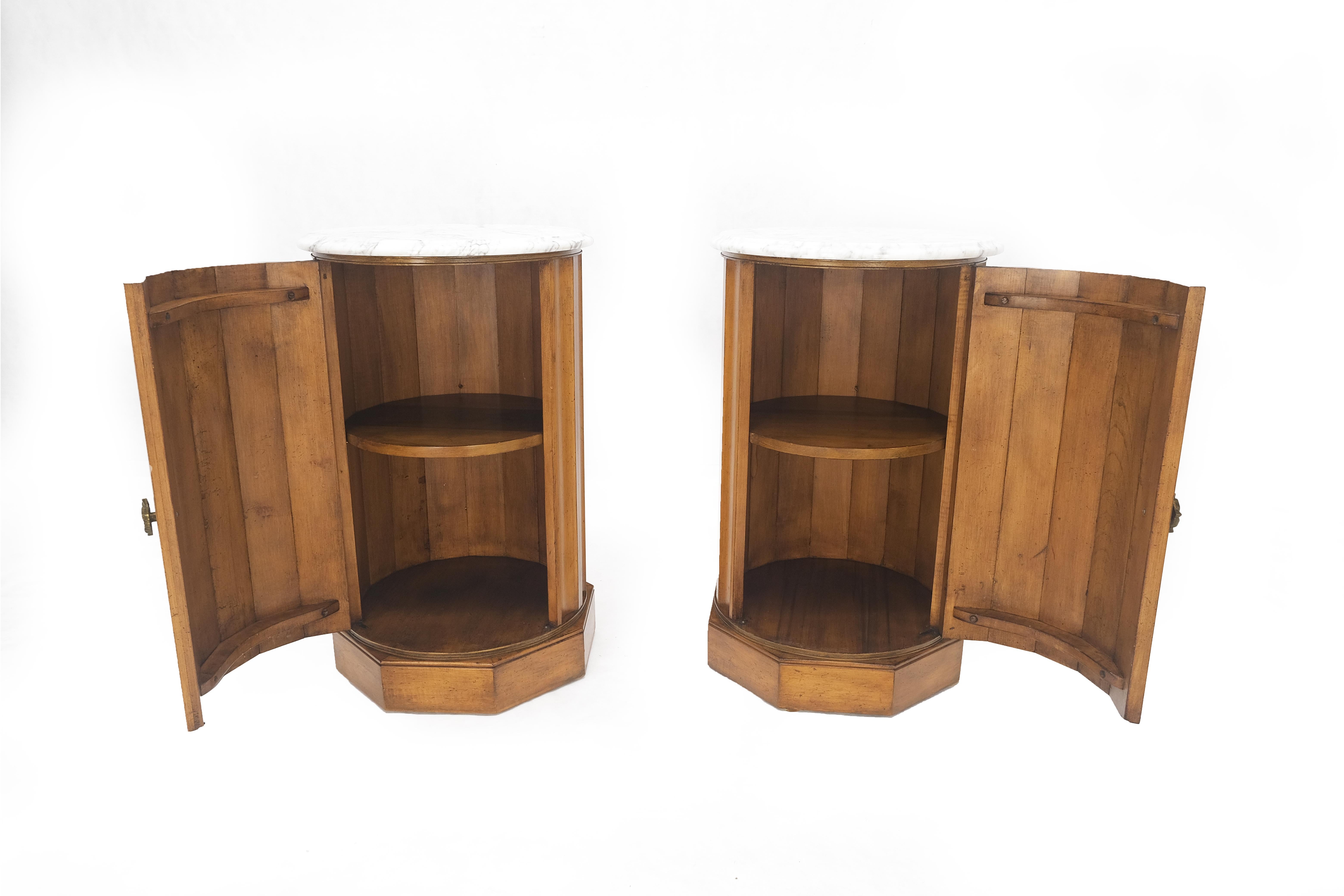 Pair Marble Top Round Scallop Shape Cylinders Pedestals Cabinets w/ Shelf MINT! For Sale 9