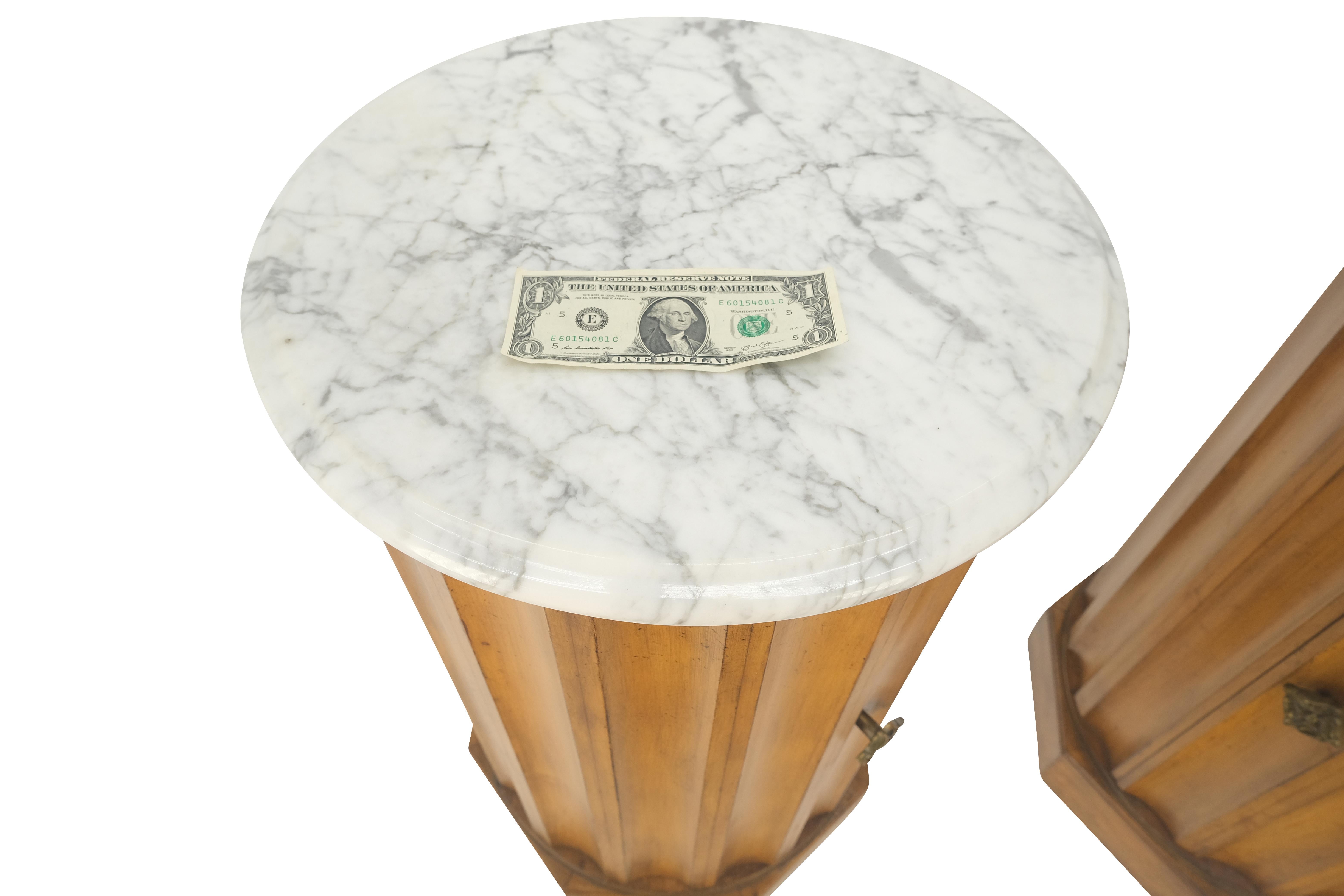Pair Marble Top Round Scallop Shape Cylinders Pedestals Cabinets w/ Shelf MINT! For Sale 10