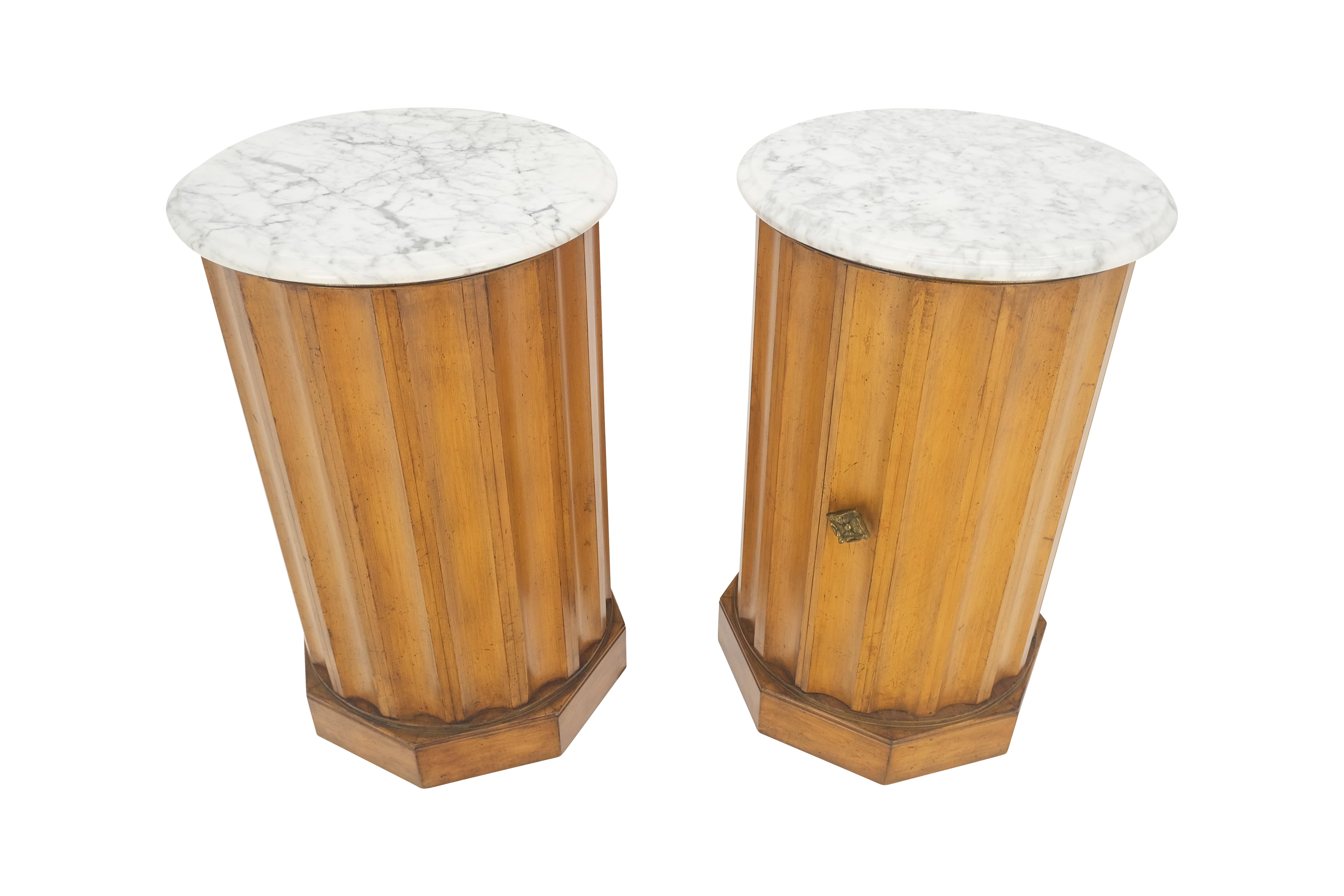 Mid-Century Modern Pair Marble Top Round Scallop Shape Cylinders Pedestals Cabinets w/ Shelf MINT! For Sale