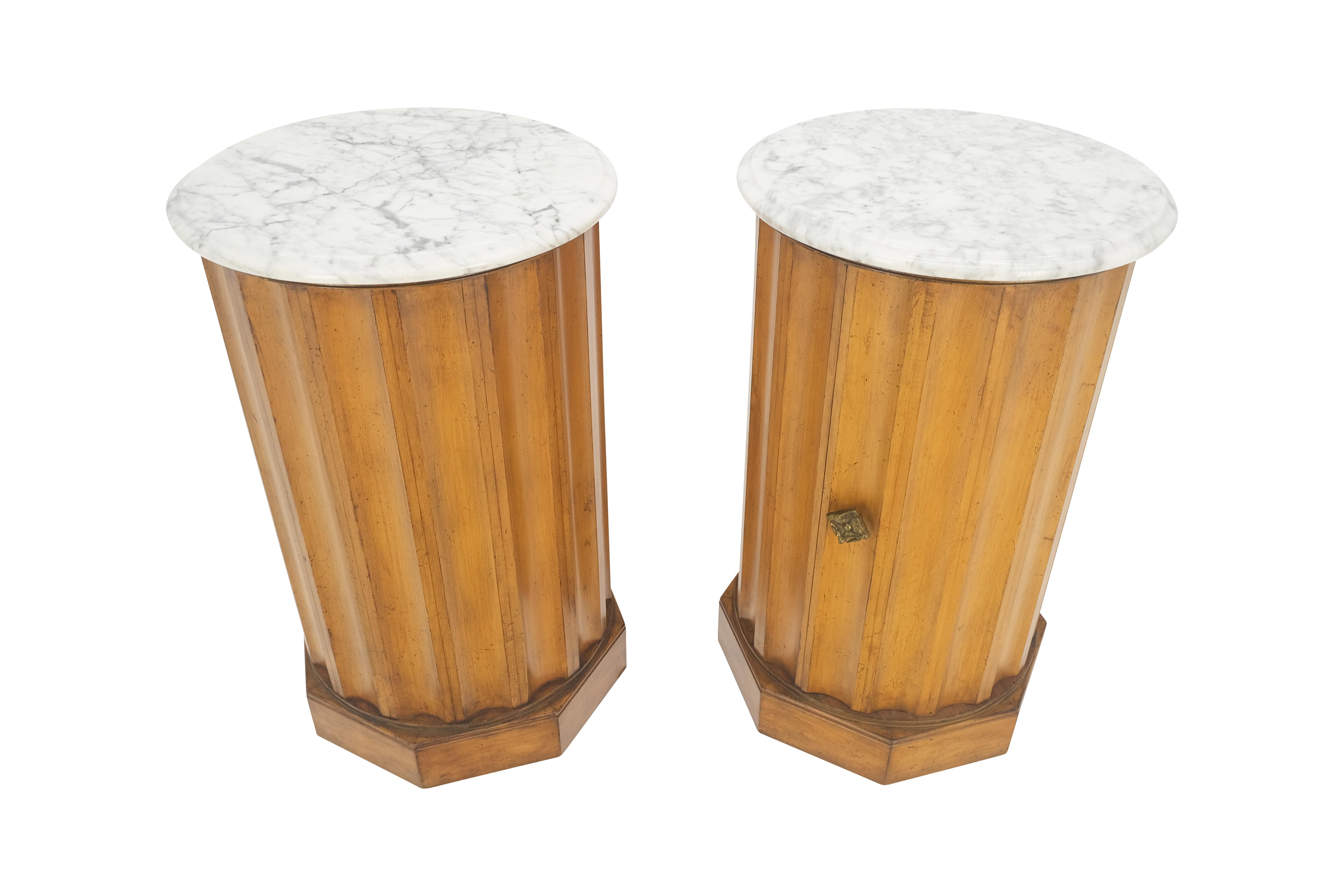 Mid-Century Modern Pair Marble Top Round Scallop Shape Cylinders Pedestals Cabinets w/ Shelf MINT!