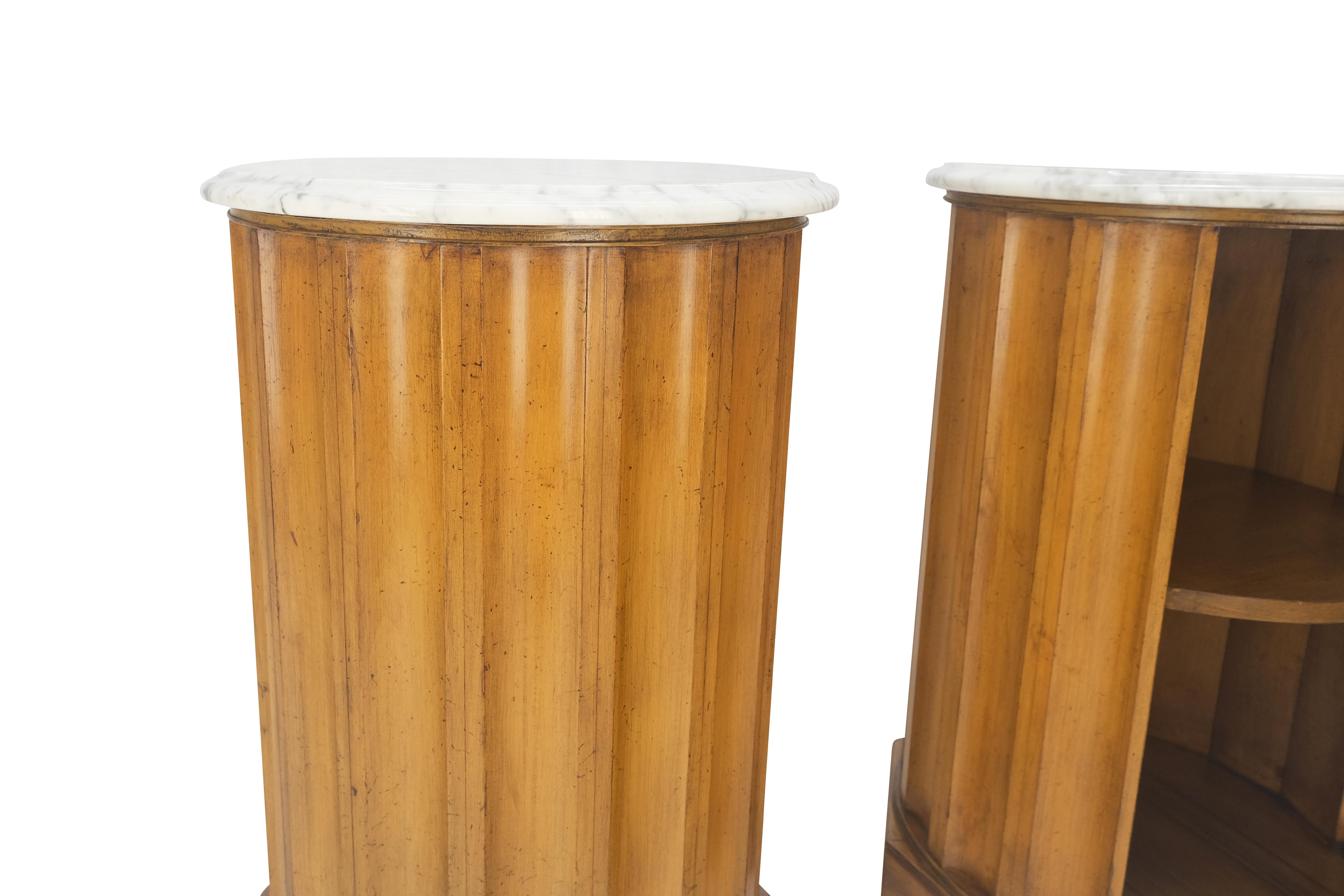 20th Century Pair Marble Top Round Scallop Shape Cylinders Pedestals Cabinets w/ Shelf MINT! For Sale