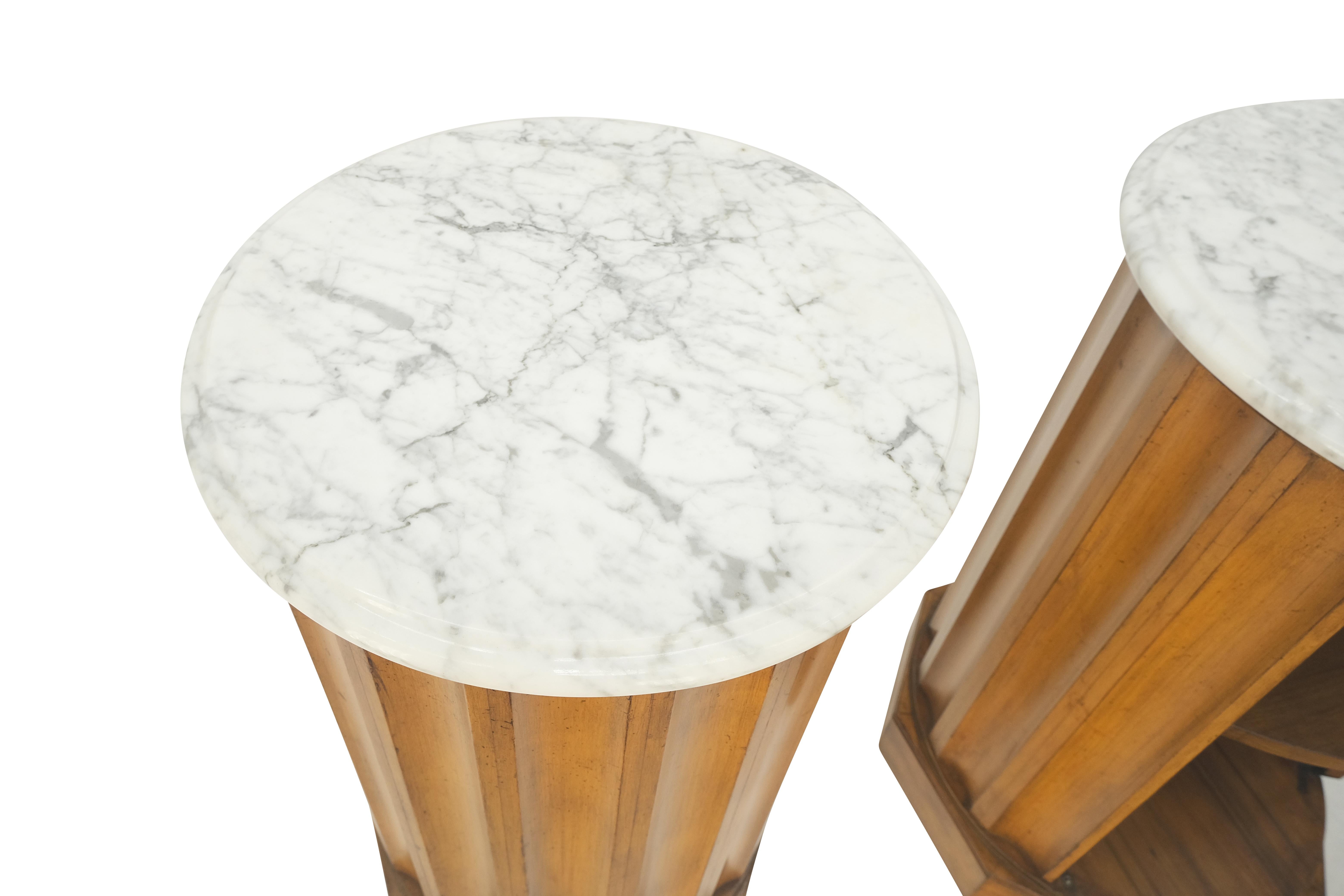 Pair Marble Top Round Scallop Shape Cylinders Pedestals Cabinets w/ Shelf MINT! For Sale 2