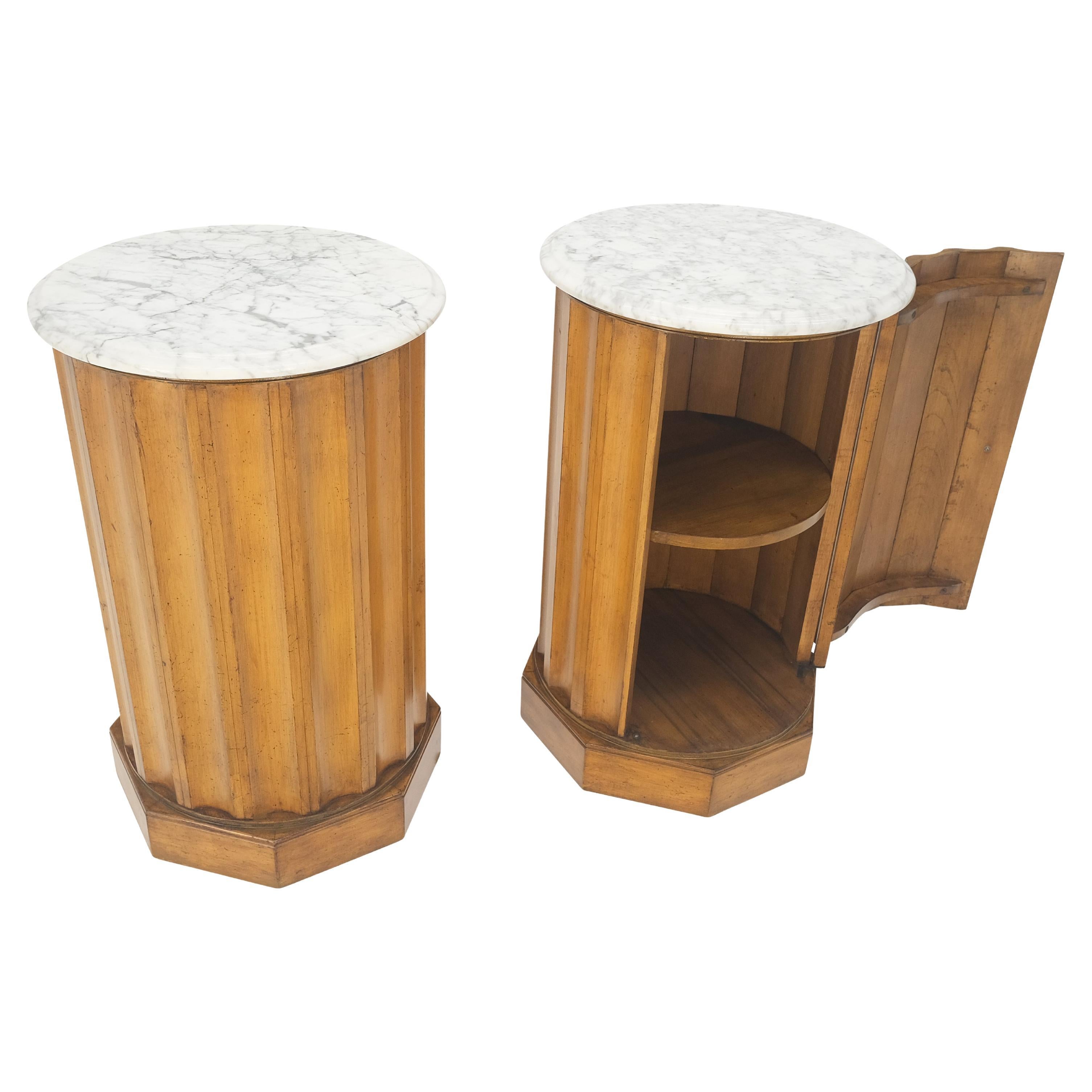 Pair Marble Top Round Scallop Shape Cylinders Pedestals Cabinets w/ Shelf MINT! For Sale