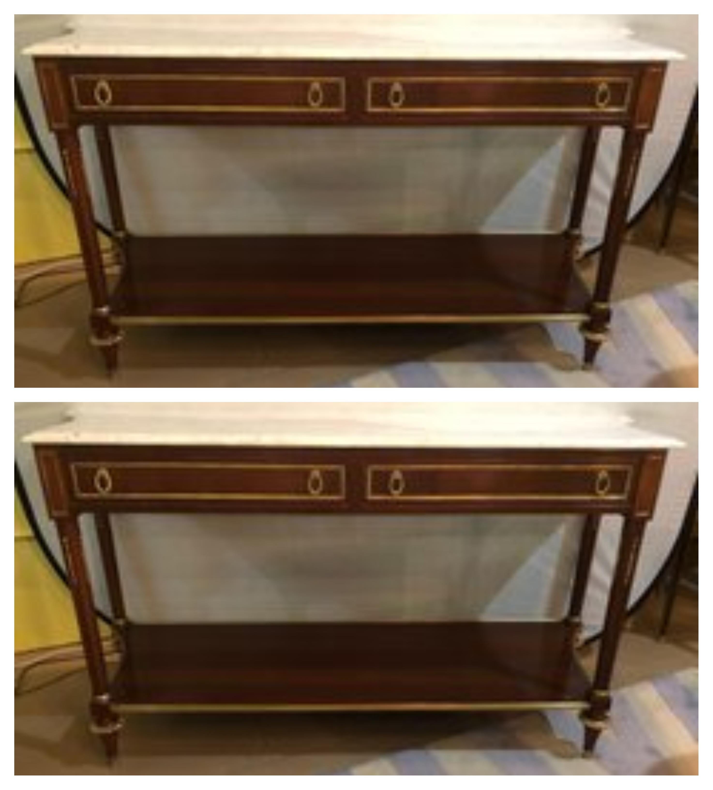 Marble Top Russian Neoclassical Console w Concave Sides & Bronze Mounts . In a word, Spectacular is this fine custom quality constructed Console or Sideboard. Having a thick marble top above a double bronze framed set of drawers leading to concave