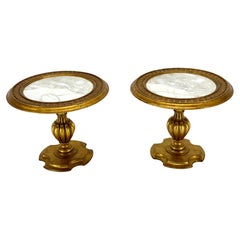 Pair Marble Tops Gold Round Medallion Top Onion Shape Base Side End Lamp Stands