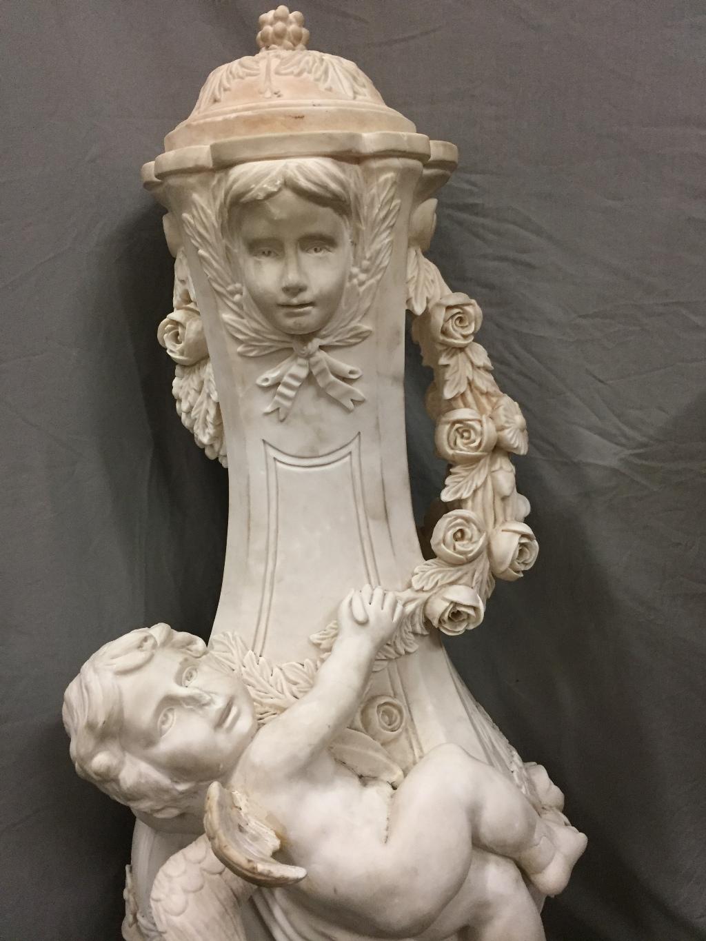 Pair of Marble Urns with Cherubs, Signed A. Moreau 7