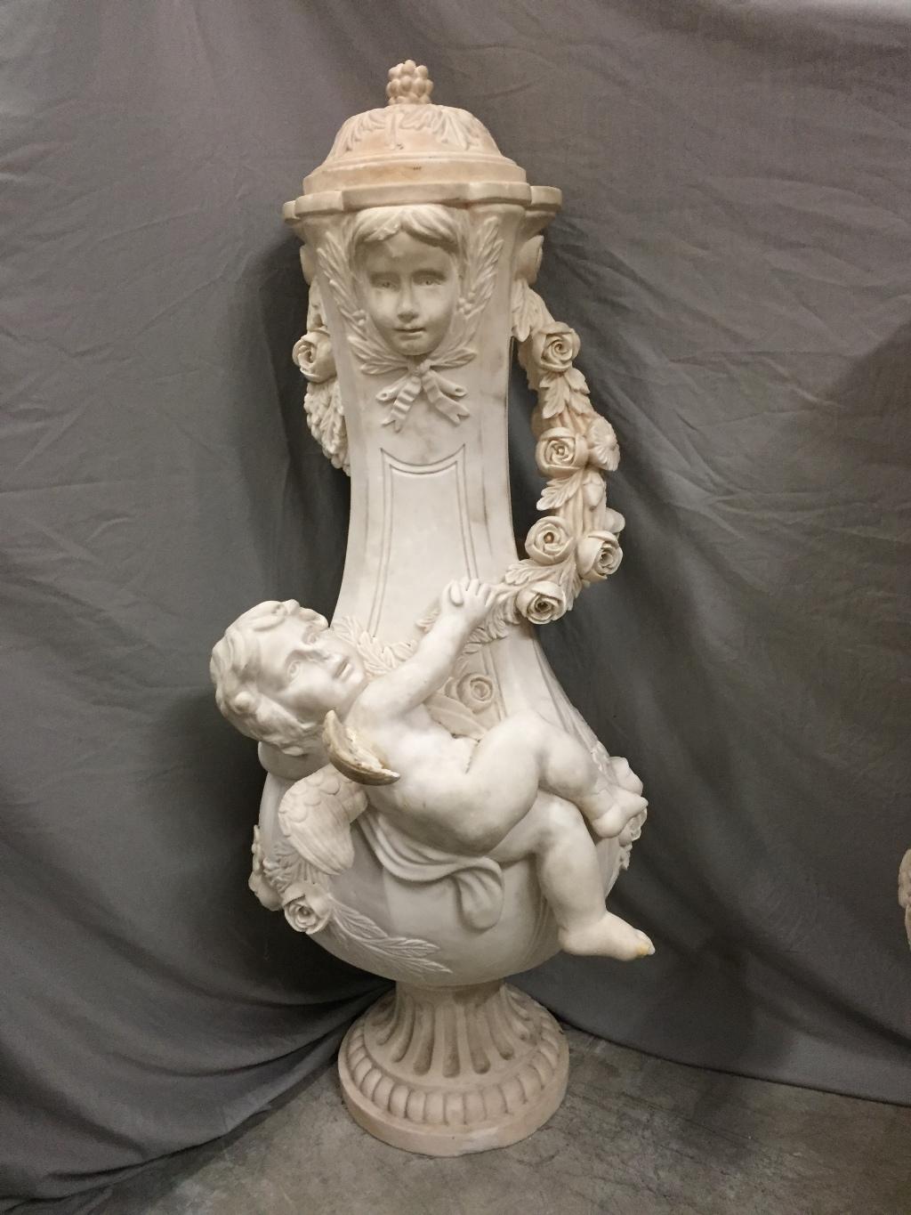 Pair of Marble Urns with Cherubs, Signed A. Moreau 8