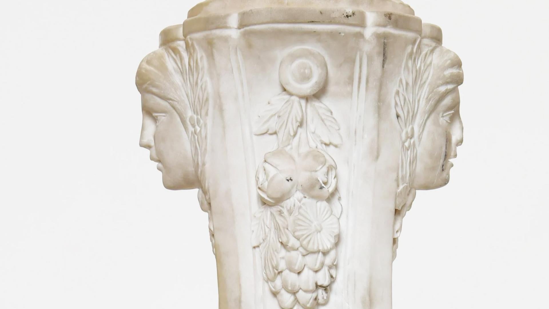 Louis XVI Pair of Marble Urns with Cherubs, Signed A. Moreau