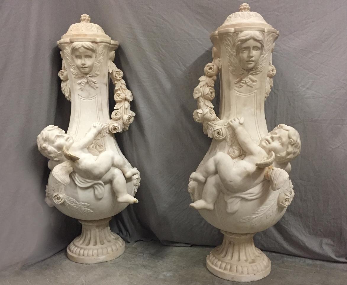 20th Century Pair of Marble Urns with Cherubs, Signed A. Moreau