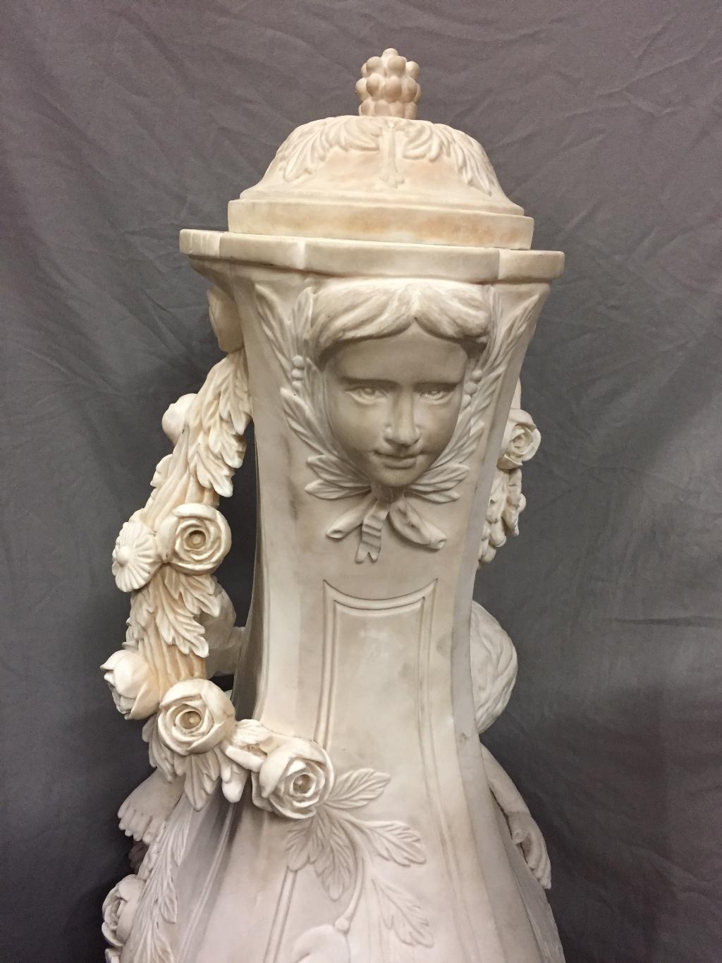 Pair of Marble Urns with Cherubs, Signed A. Moreau 1