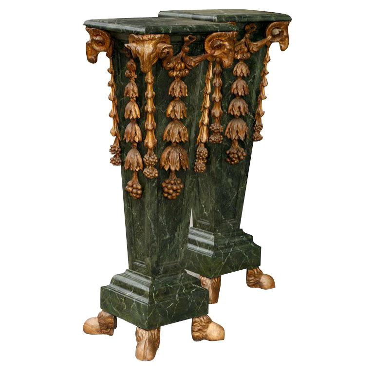 Pair Marbleized and Gilt Carved Wood Pedestals