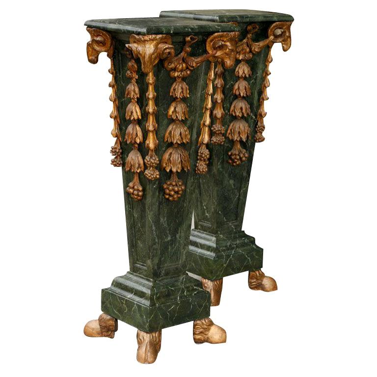 Pair Marbleized and Gilt Carved Wood Pedestals For Sale at 1stDibs