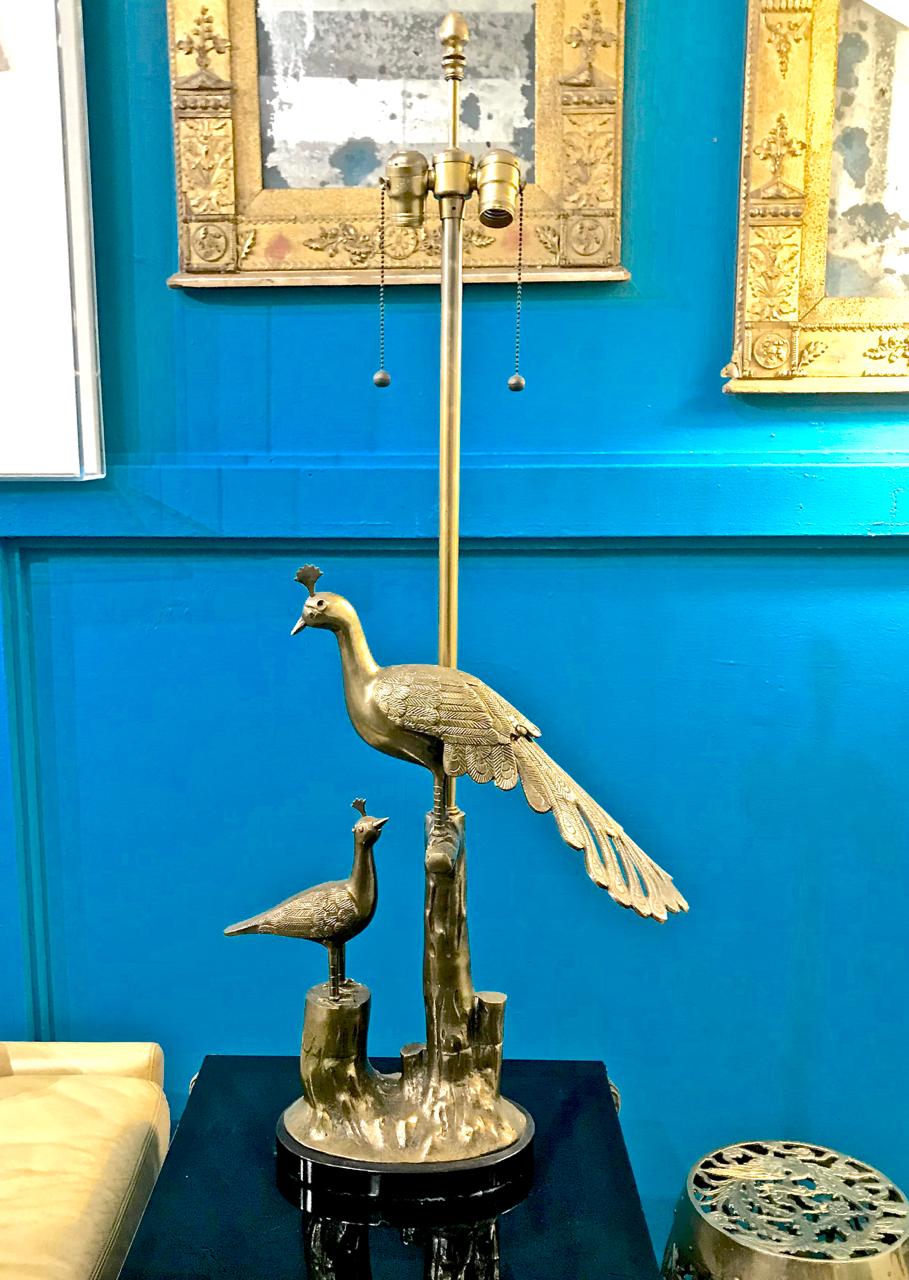 Cast Pair of Marbro Brass Peacock and Chick Lamps, circa 1960 For Sale