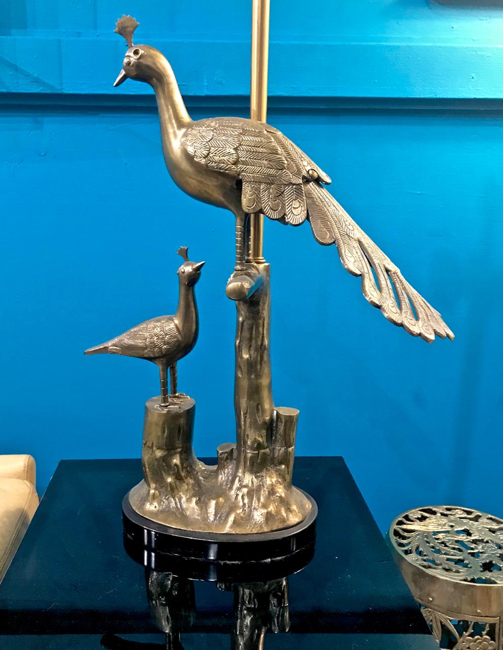 Pair of Marbro Brass Peacock and Chick Lamps, circa 1960 In Good Condition For Sale In Pasadena, CA
