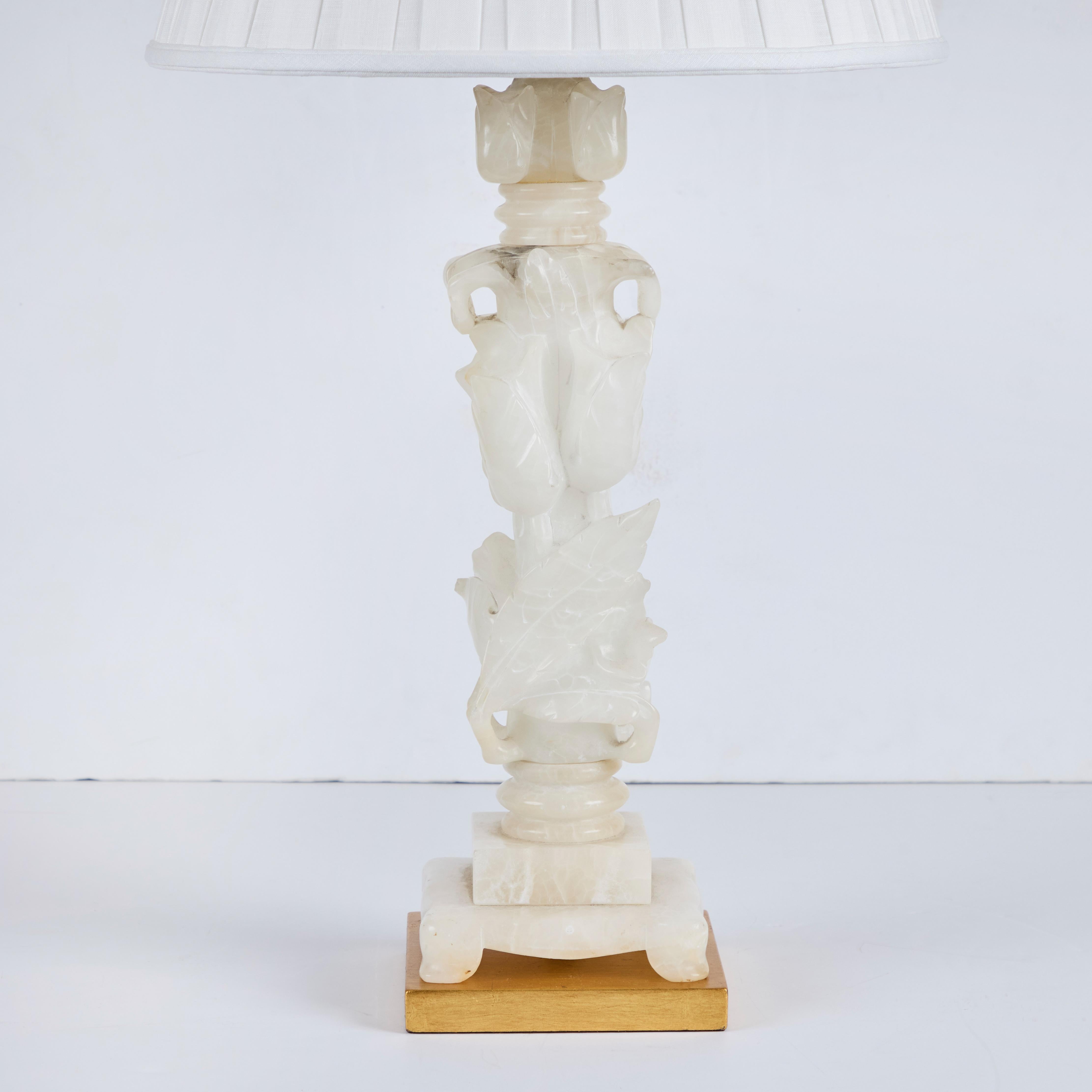 Linen Pair Marbro Company Hand-Carved Alabaster Lamps