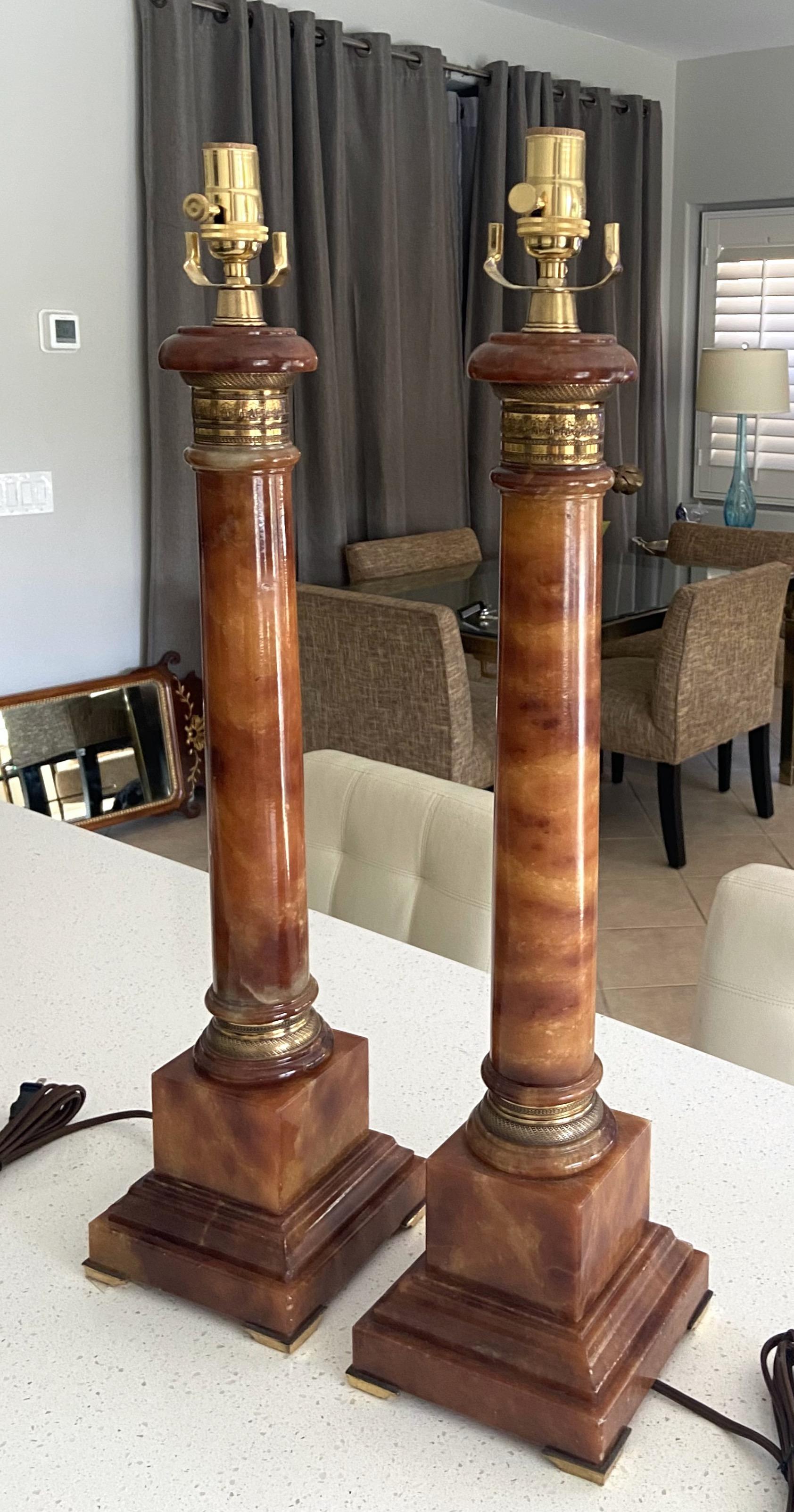 Classical Greek Pair Marbro Neoclassic Amber Column Alabaster Table Lamps For Sale