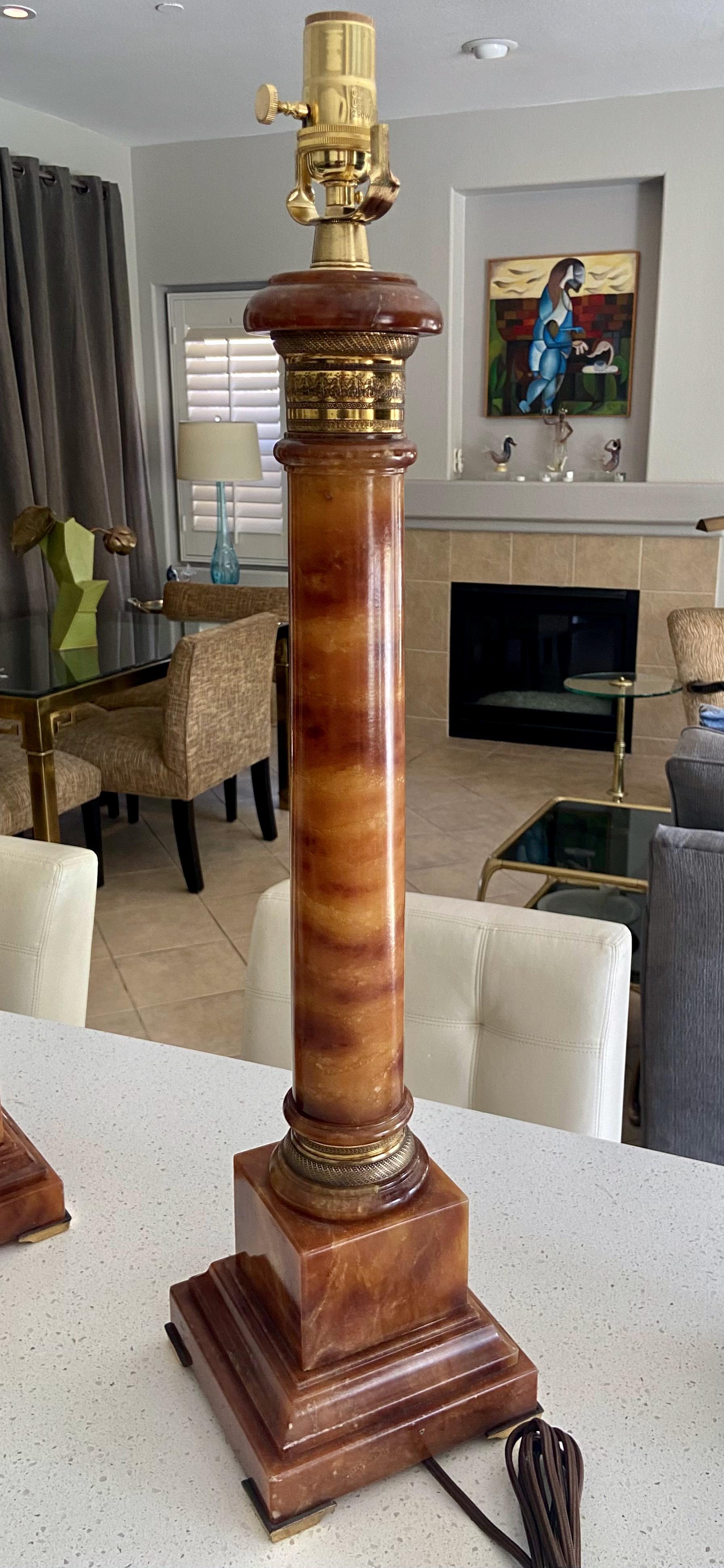 Pair Marbro Neoclassic Amber Column Alabaster Table Lamps In Good Condition For Sale In Palm Springs, CA