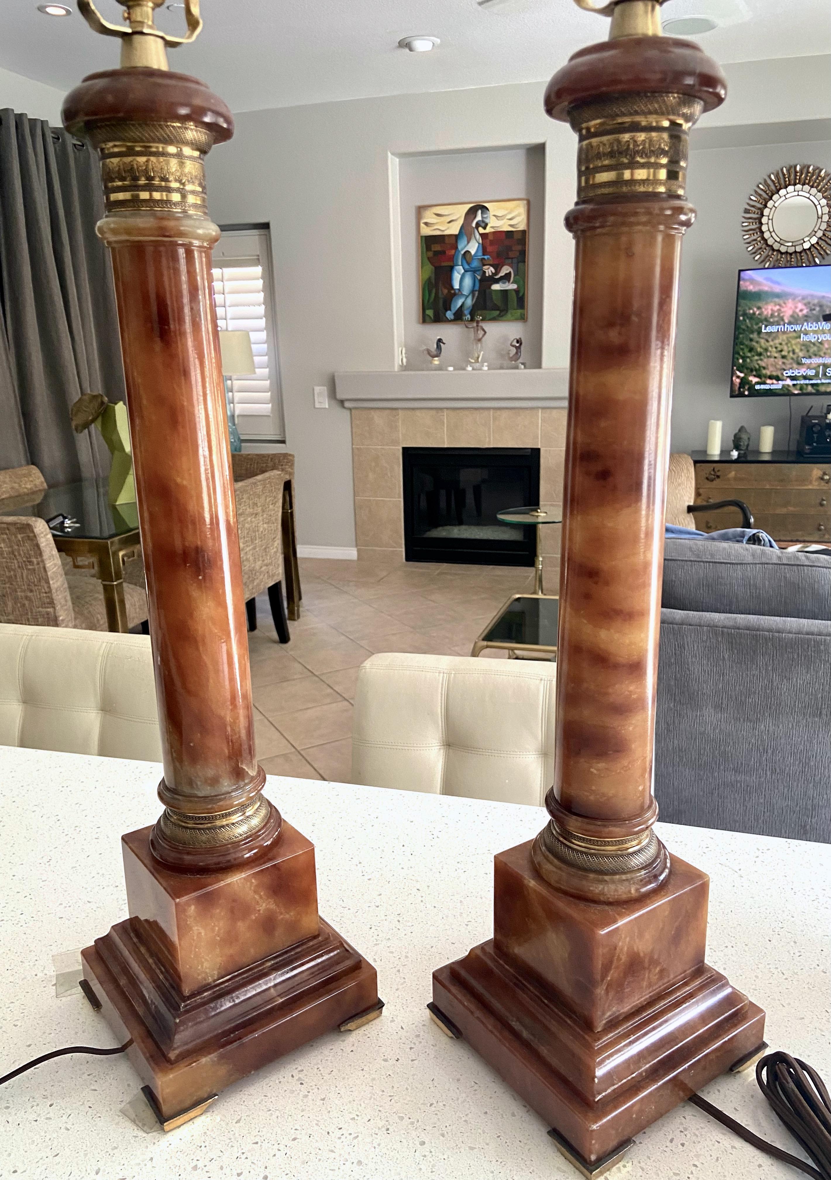 Brass Pair Marbro Neoclassic Amber Column Alabaster Table Lamps For Sale