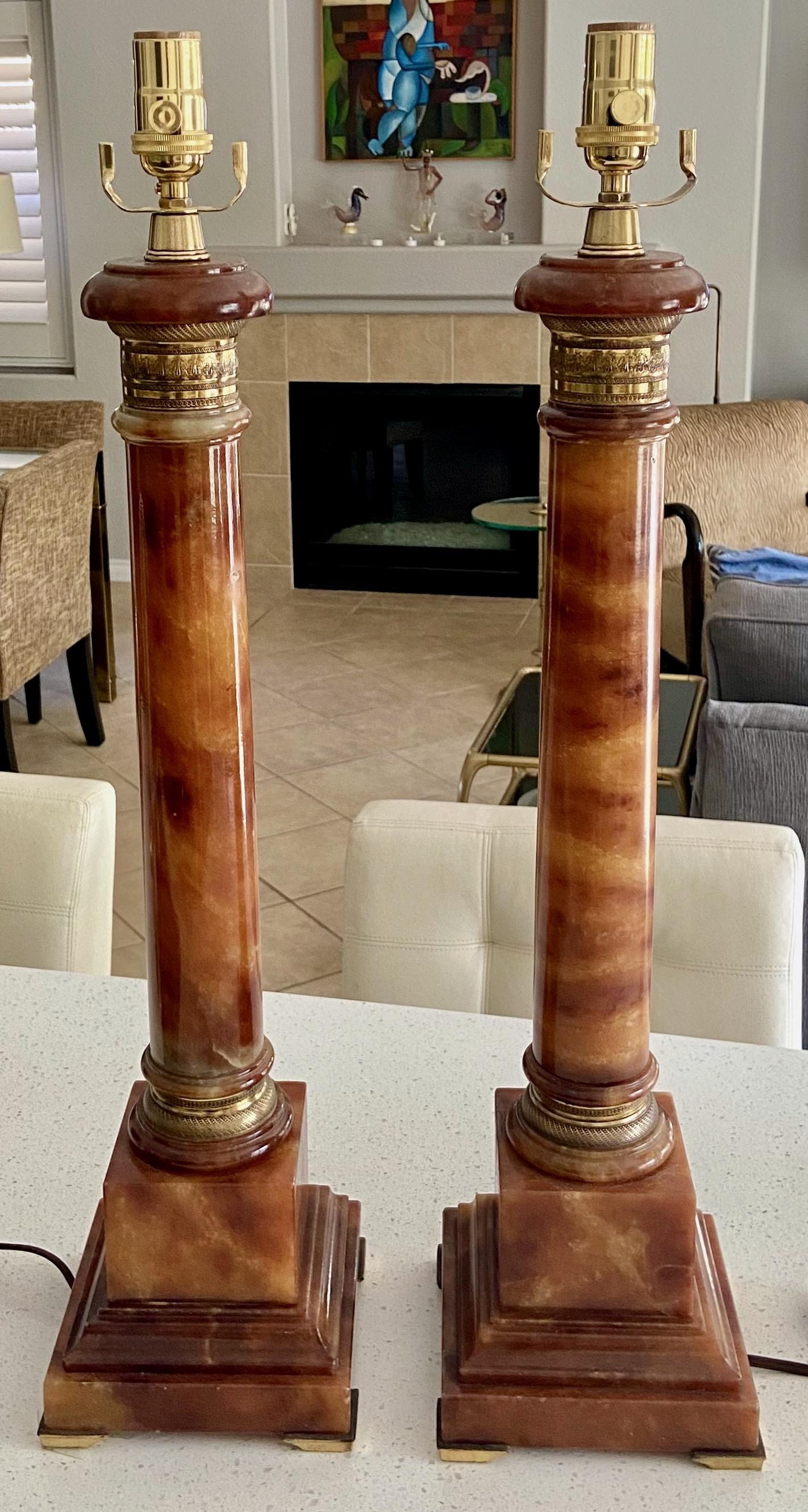 Pair Marbro Neoclassic Amber Column Alabaster Table Lamps For Sale 1