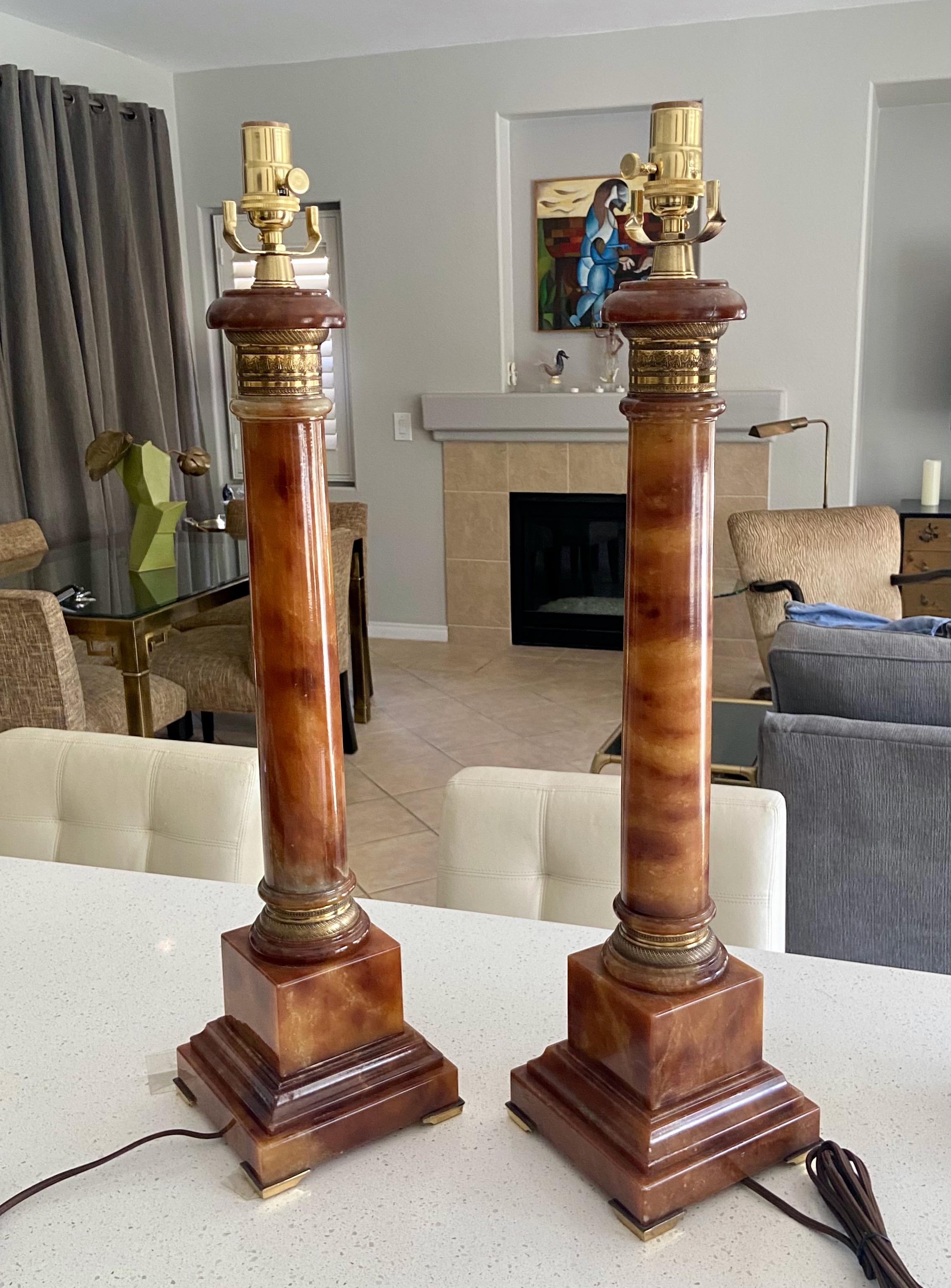 Pair Marbro Neoclassic Amber Column Alabaster Table Lamps For Sale 2