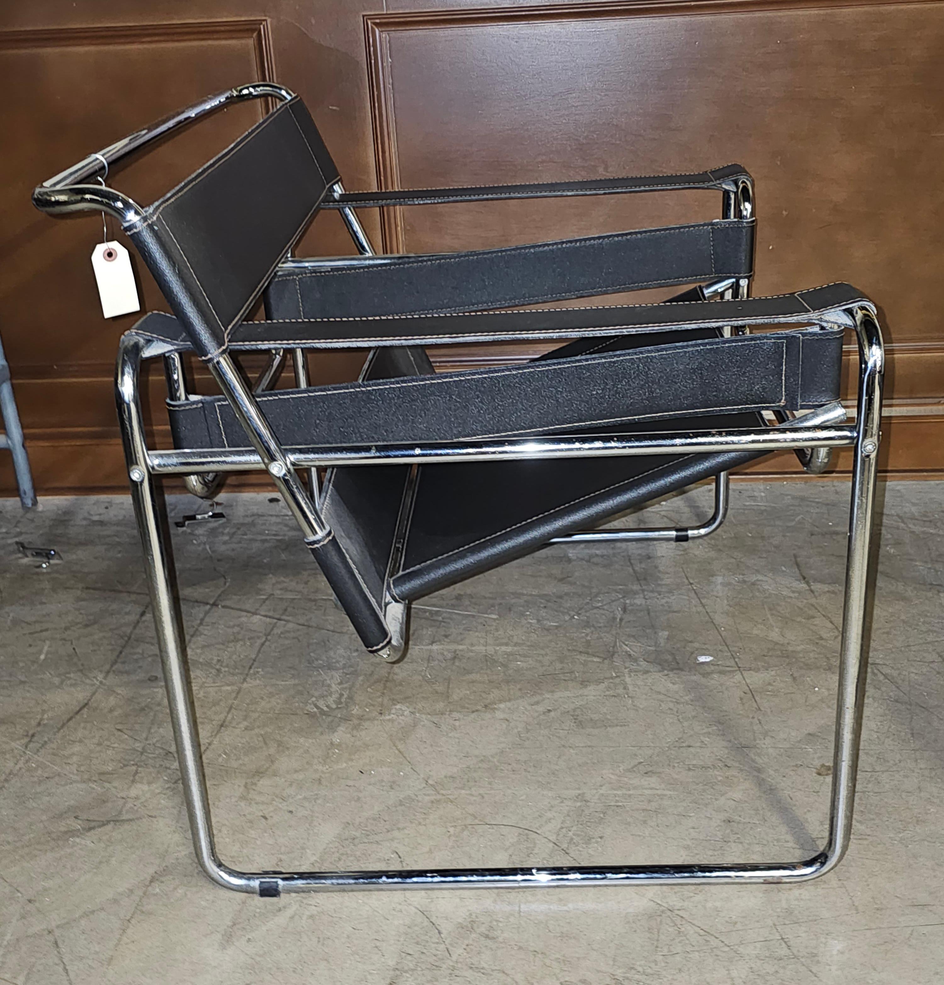 Contemporary Pair Marcel Breuer Chrome Metal And Leather Wassily Style Lounge Chairs For Sale