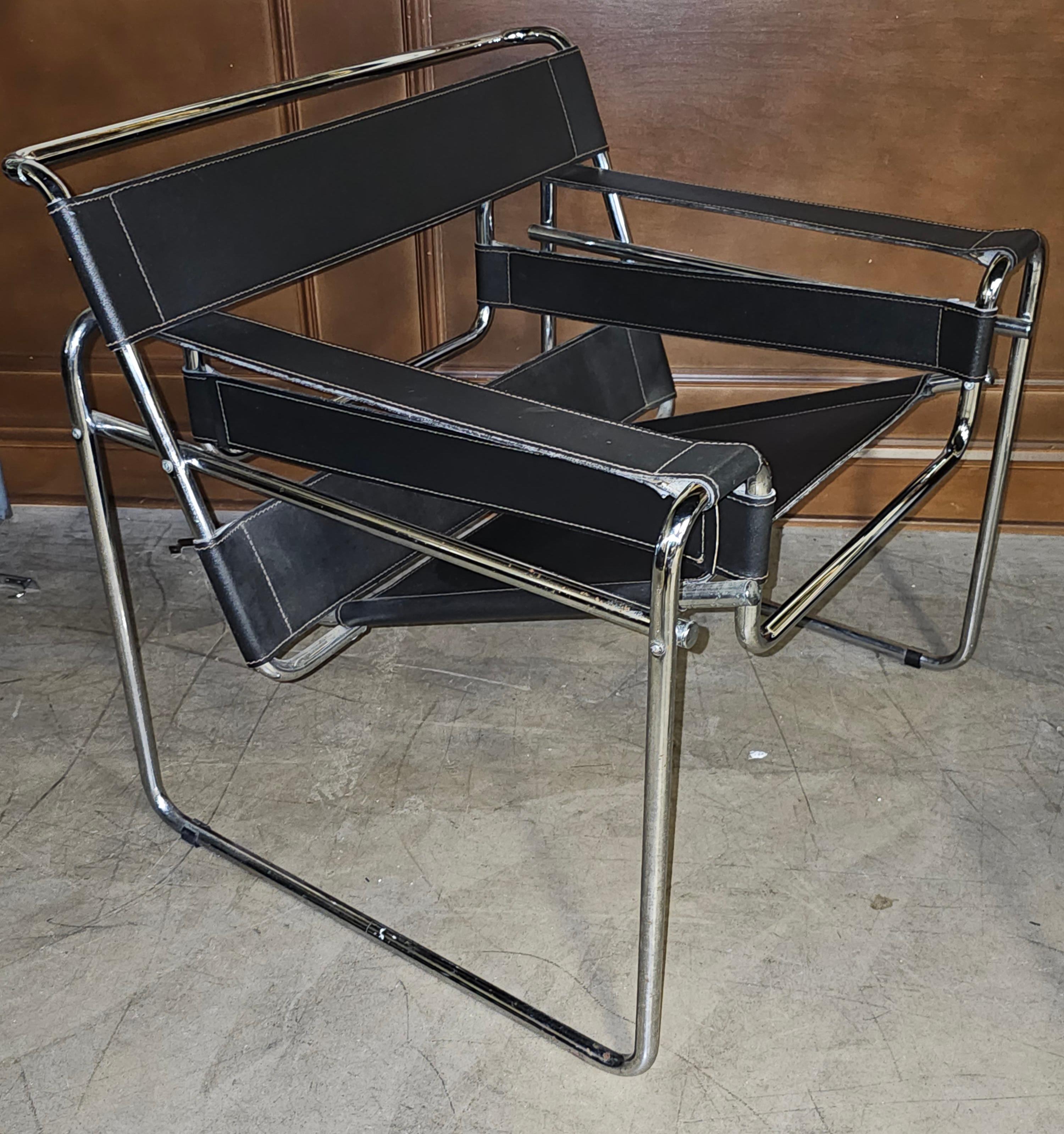 Pair Marcel Breuer Chrome Metal And Leather Wassily Style Lounge Chairs For Sale 1
